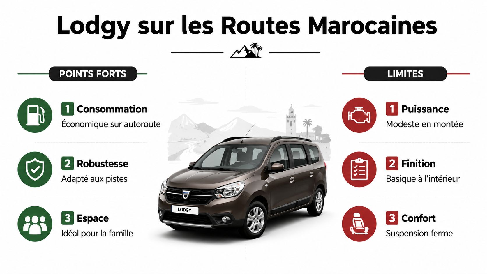 Dacia Lodgy 7 places : guide complet 3 Une infographie présentant les avantages et les limites du véhicule familial Dacia Lodgy sur les routes marocaines.