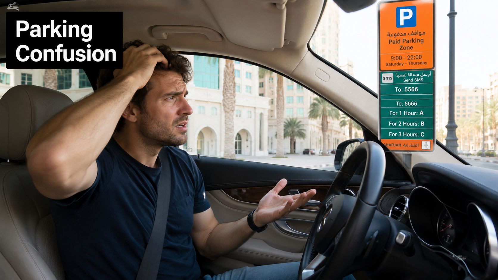 Sharjah Parking Time: Complete Guide to Hours and Fines 1 A confused driver sitting in a car, looking at a paid parking information sign in Sharjah.