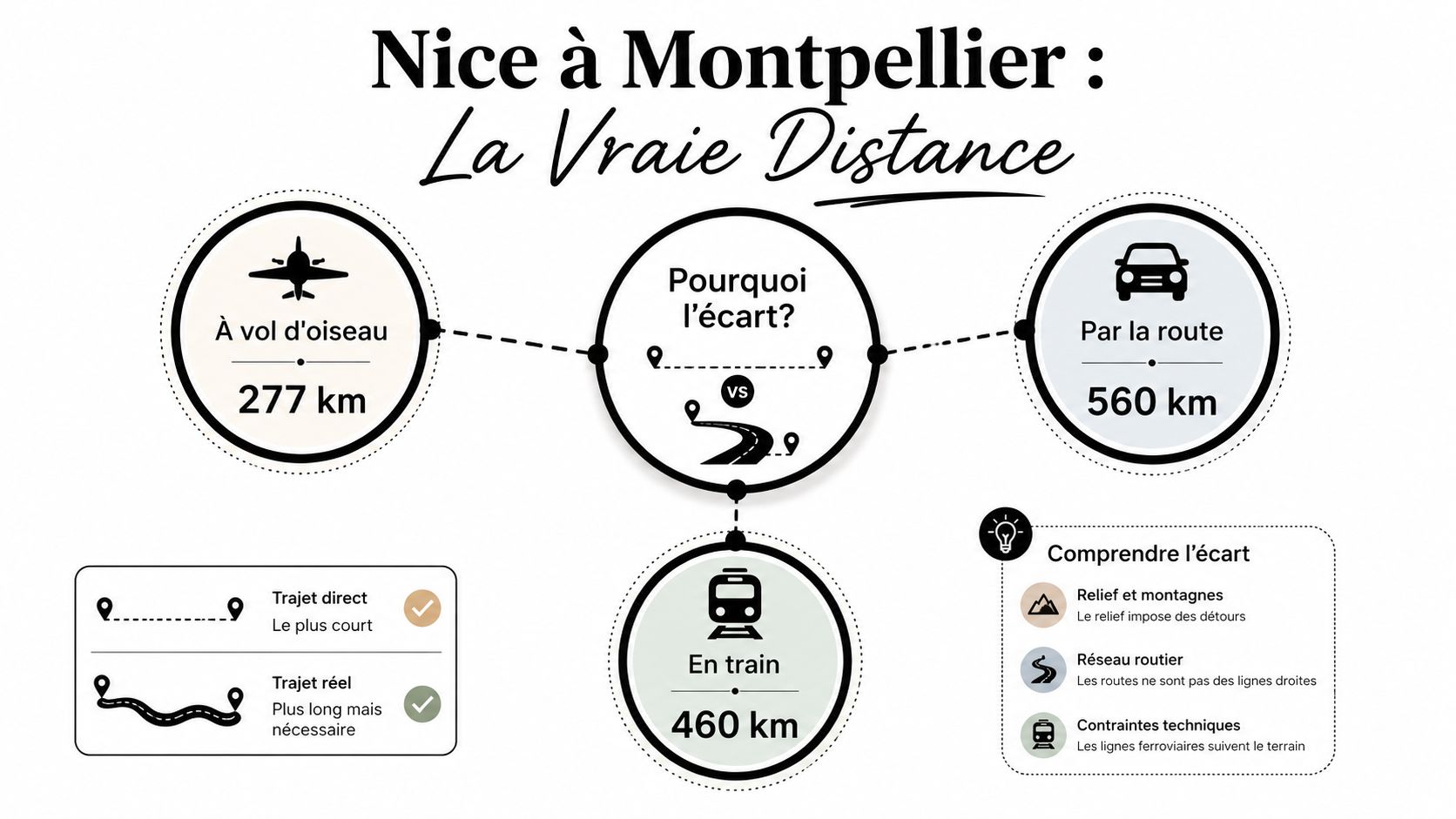 Infographie comparant la distance entre Nice et Montpellier par avion, train et voiture, illustrant les contraintes géographiques.