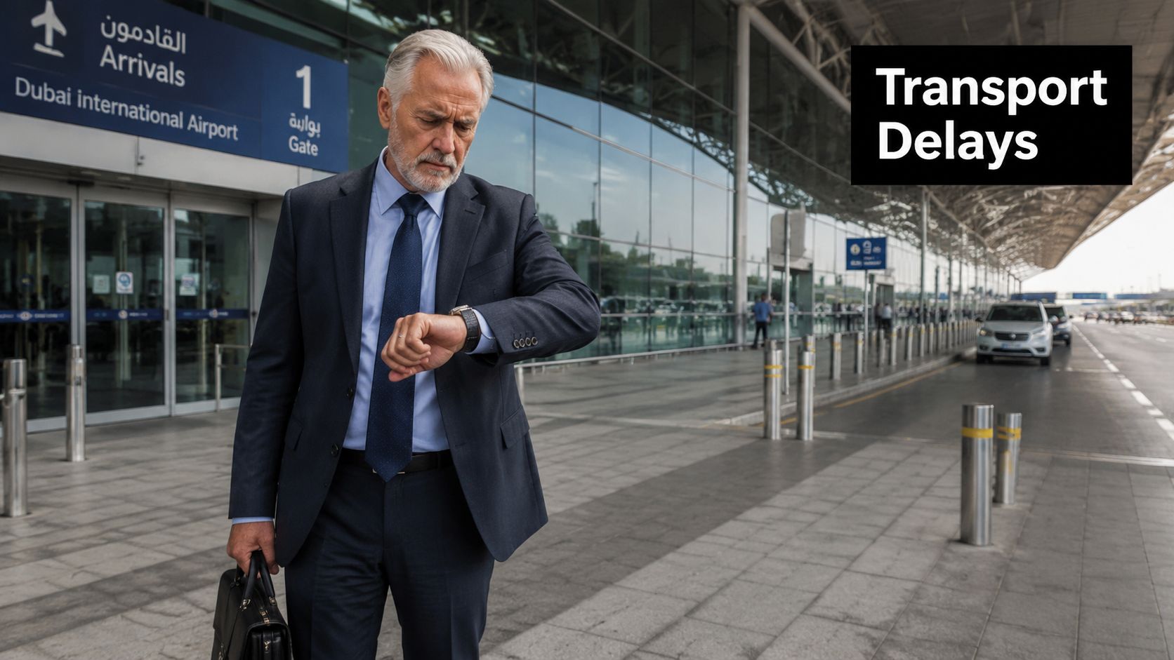 Corporate Travel in Dubai: Executive Mobility Guide 1 A professional businessman in a suit stands outside Dubai International Airport checking his wristwatch while waiting.