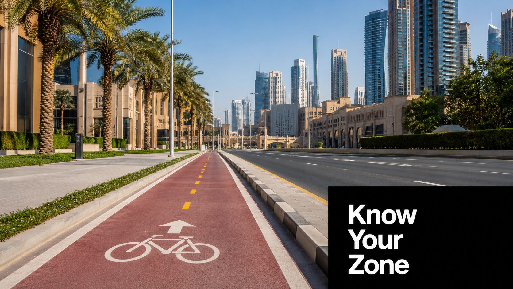 Electric Scooter Permit Dubai: Apply, Rules, Fines 2026 3 A dedicated red bicycle lane in Dubai city with modern skyscrapers and palm trees in the background.