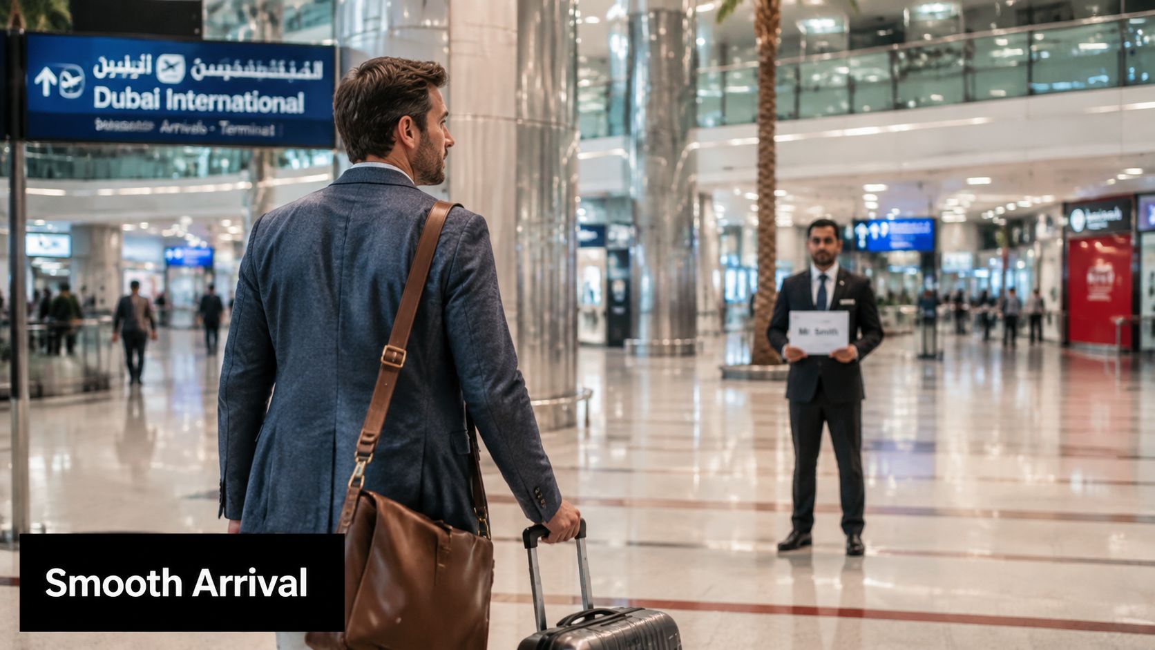 Airport Pickup Service Dubai: Your Seamless 2026 Arrival 2 A traveler arriving at Dubai International Airport with a professional chauffeur holding a sign for pick up.