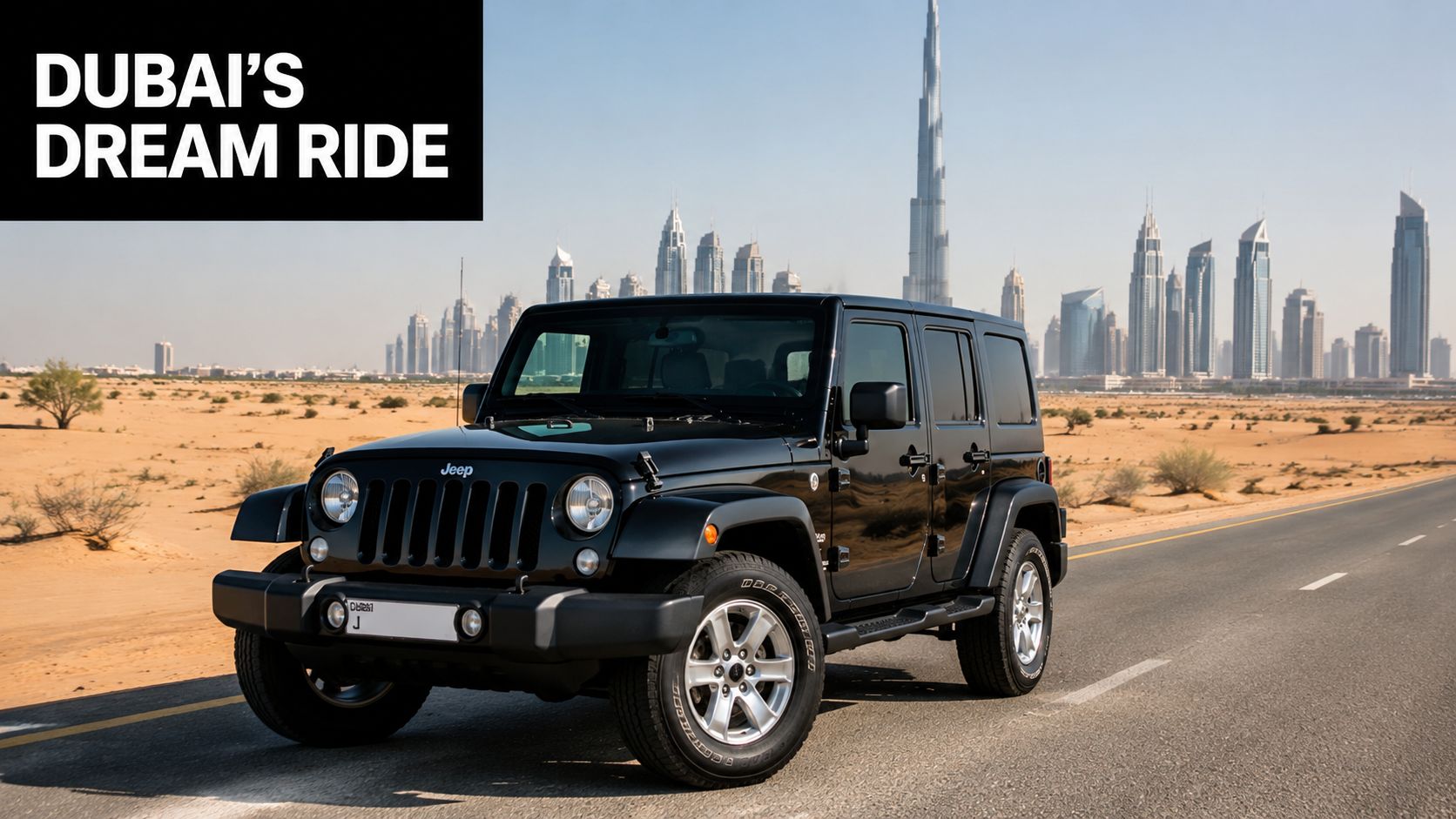A black Jeep Wrangler parked on an asphalt road in the Dubai desert with skyscrapers in the background.
