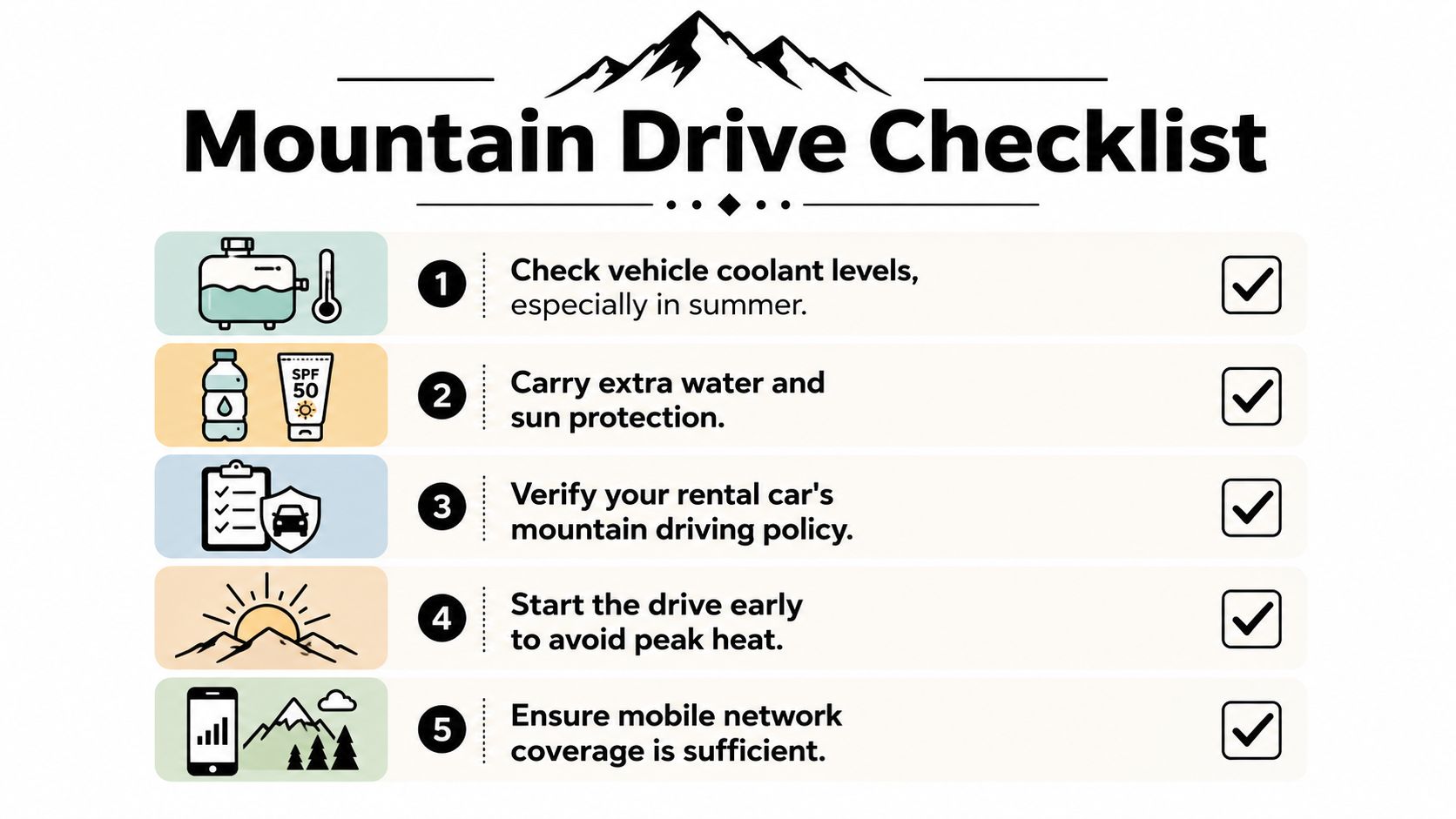 Dubai to Hatta Distance: Routes, Drive Times & Travel Tips 2 A helpful checklist for preparing for a mountain drive, featuring five essential safety tips for road trips.