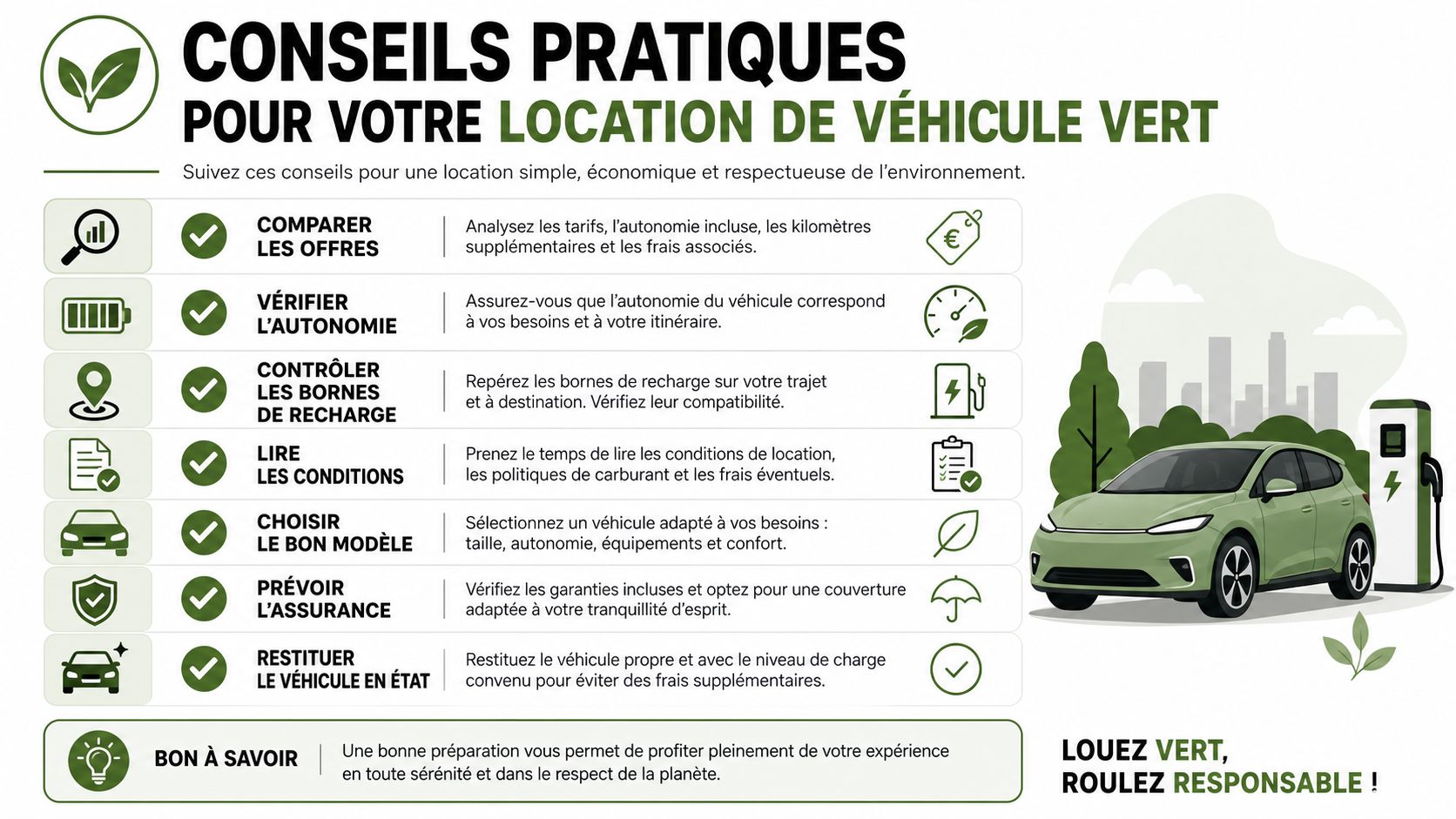 Voiture écologique maroc 3 Une infographie avec des conseils pratiques pour louer une voiture électrique de manière responsable et efficace.