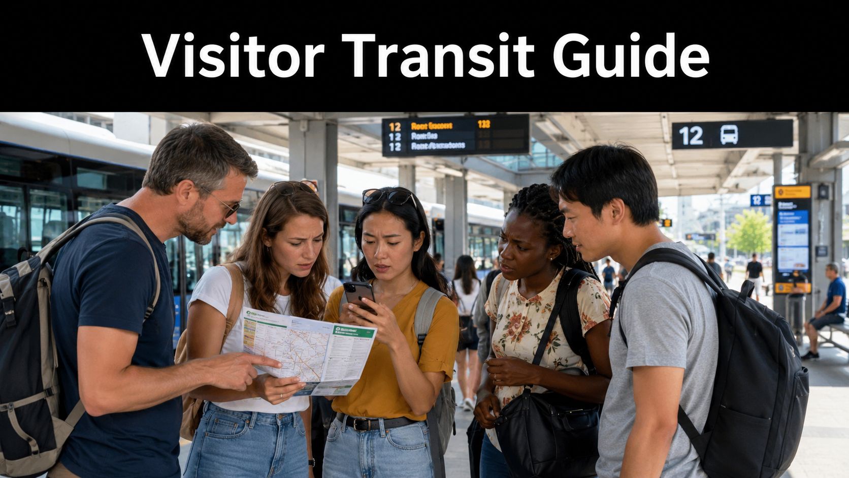 A group of travelers looking at a map and a smartphone to navigate public transit options.