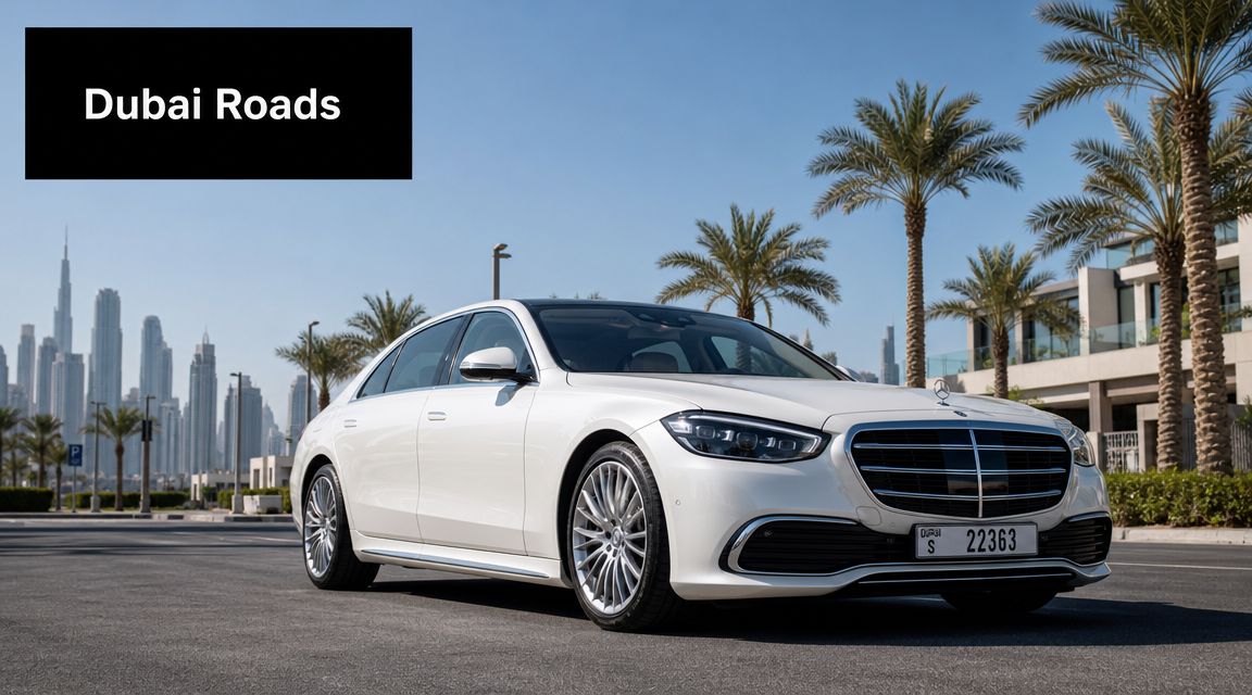Your 2026 Guide: Uae Driving License Validity Explained 1 A luxurious white Mercedes-Benz sedan parked on a sunny road in front of the Dubai skyline.