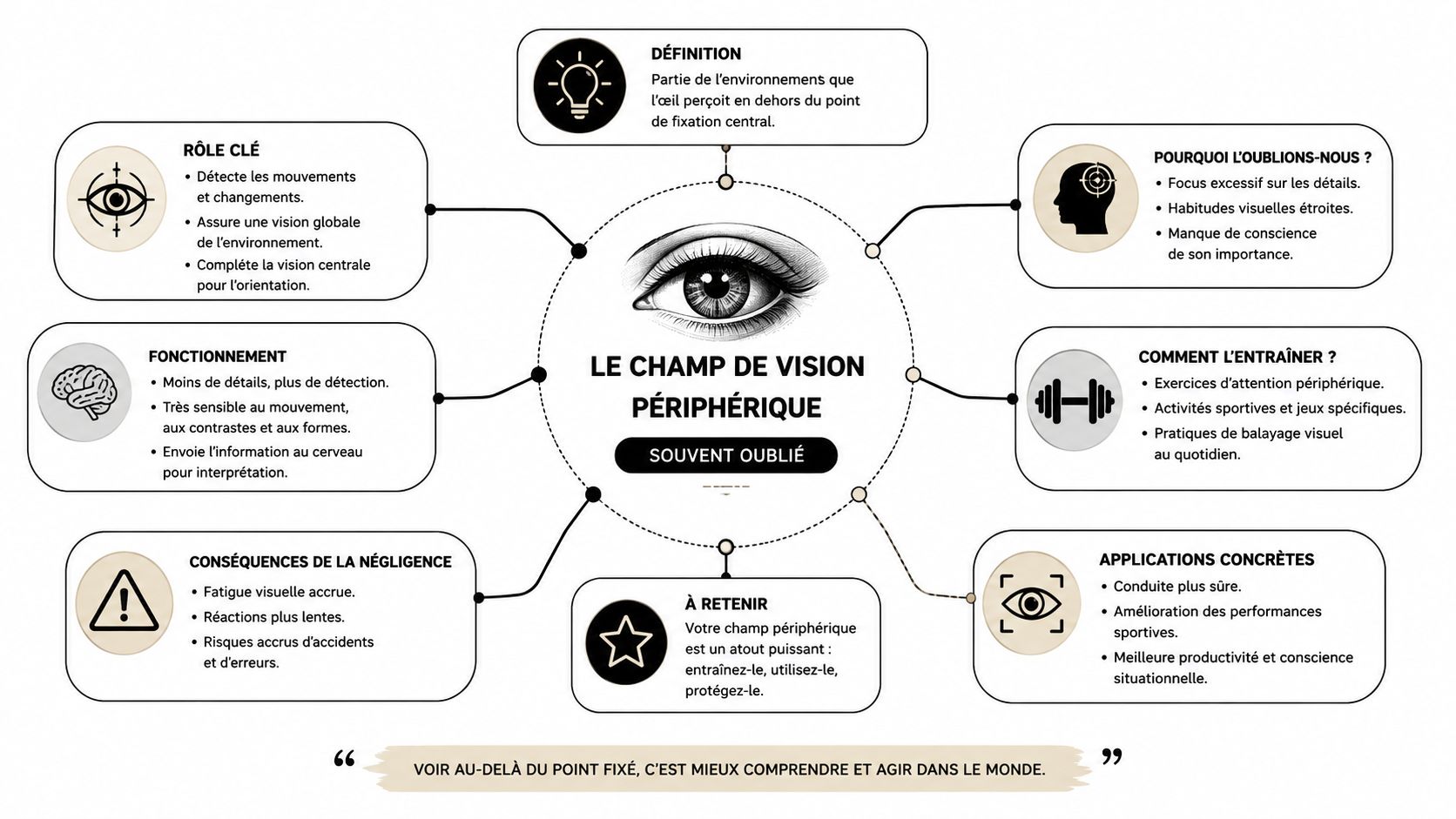 Lunettes de soleil conduite : comment bien choisir 2 Une infographie explicative sur les bienfaits et l'entraînement du champ de vision périphérique pour améliorer la perception.