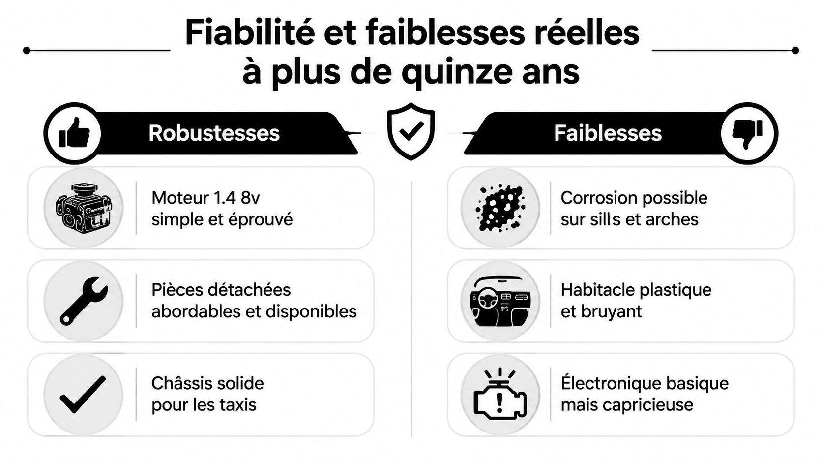 Dacia Logane 2008 : guide complet de la berline 2 Tableau comparatif des points forts et des faiblesses d'une voiture Dacia Logan après quinze ans d'utilisation.