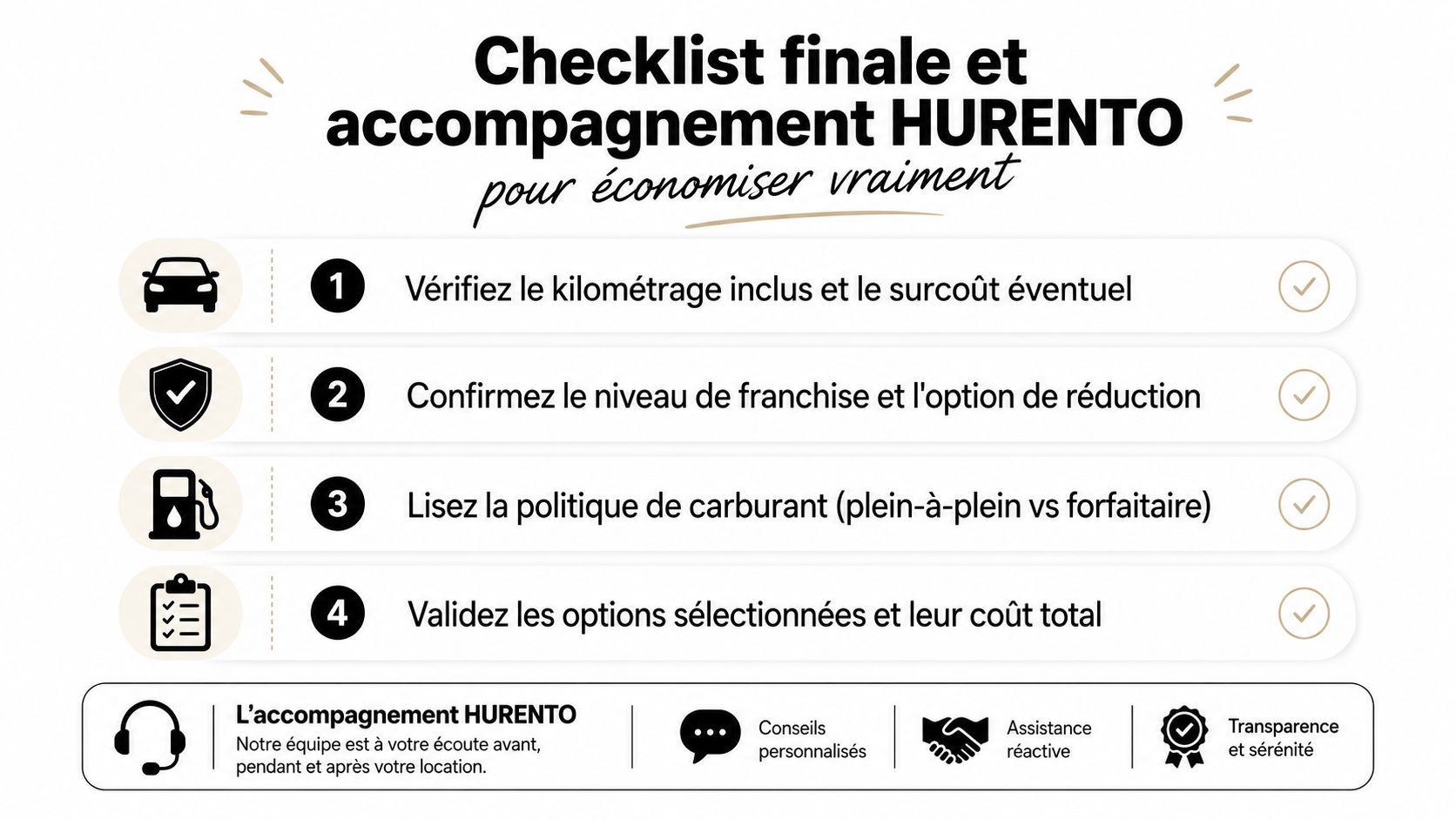 Checklist de conseils HURENTO pour économiser sur la location de voiture avec des étapes de vérification essentielles.
