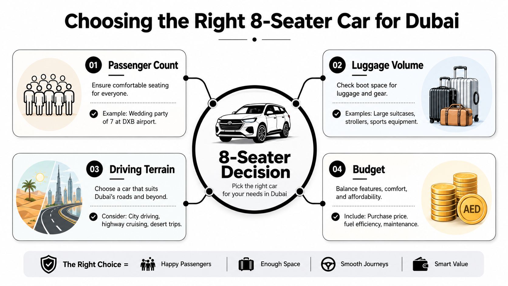 8 Seater Car Guide for Dubai Travel 1 An infographic detailing four essential factors for choosing an 8-seater car in Dubai including passenger count and budget.