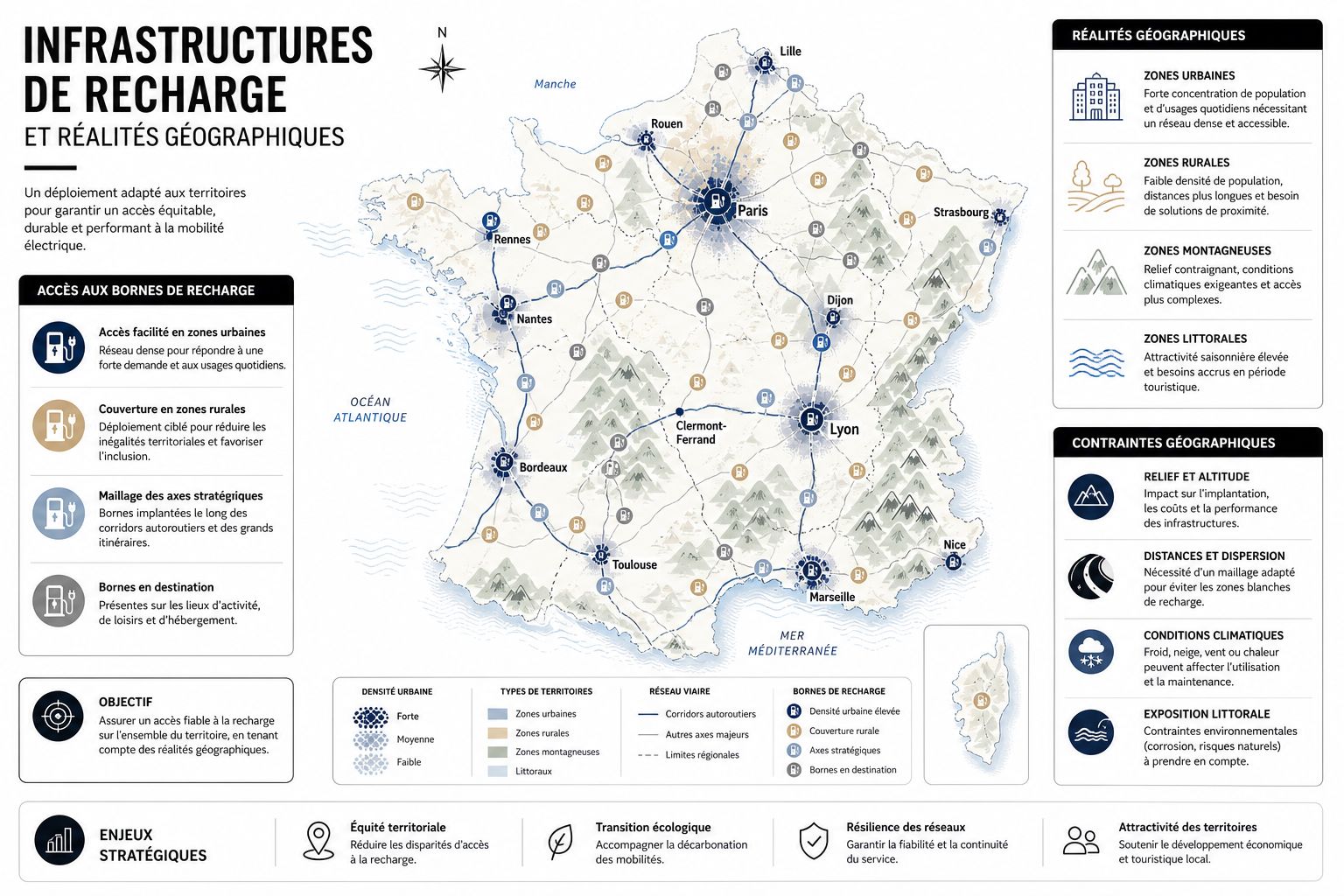 Voiture écologique maroc 2 Carte infographique des infrastructures de recharge électrique en France selon les contraintes géographiques et les densités urbaines.