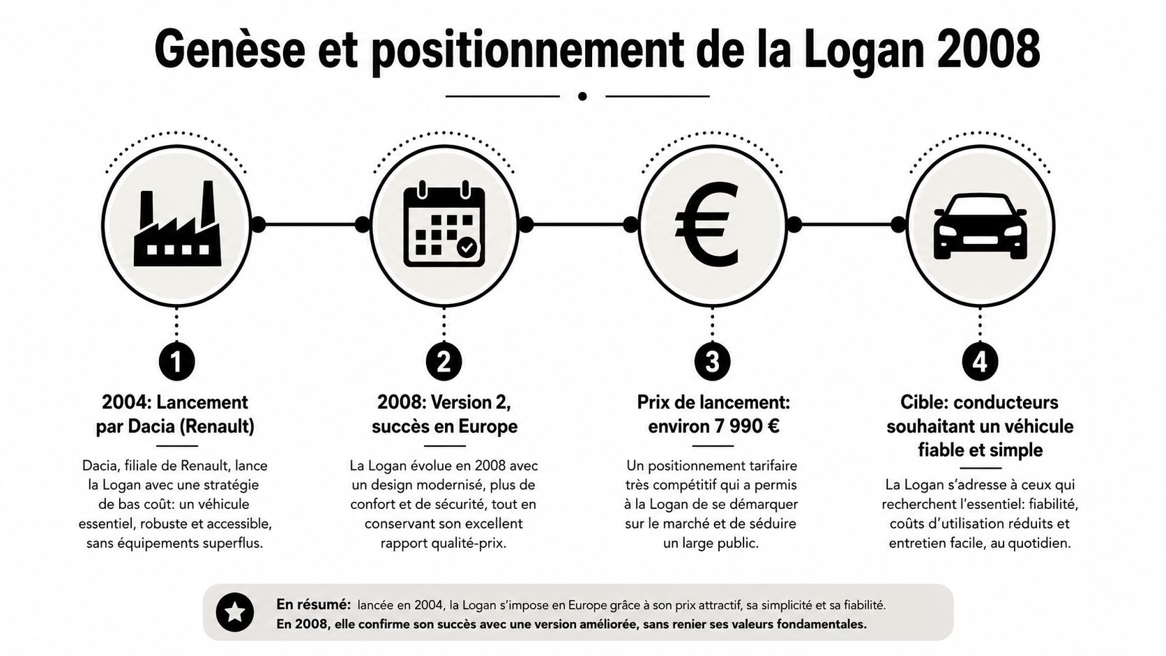 Dacia Logane 2008 : guide complet de la berline 1 Infographie illustrant la genèse et le positionnement stratégique de la voiture Dacia Logan en 2008.