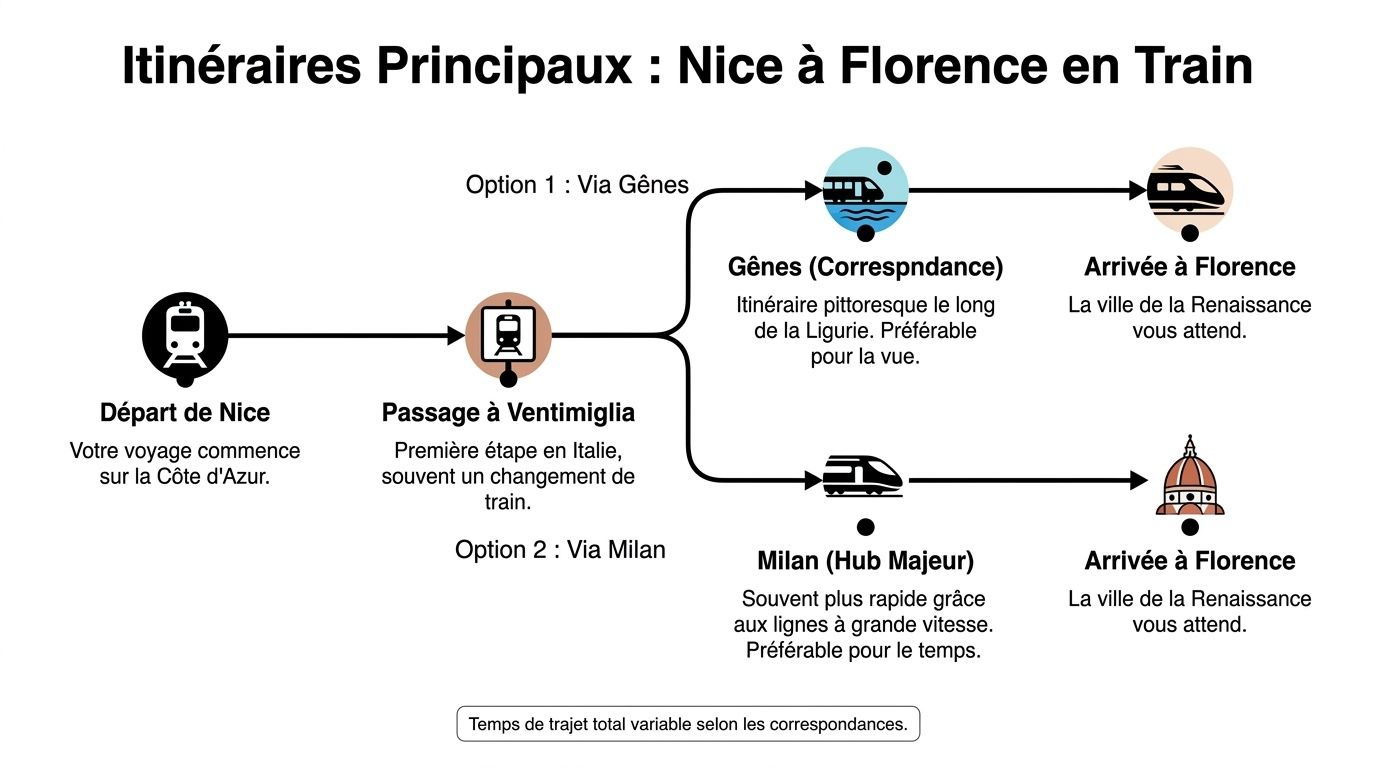 Nice to Florence by train: guide complet 2026 2 Schéma illustrant les deux options principales de voyage en train entre Nice et Florence via l'Italie.