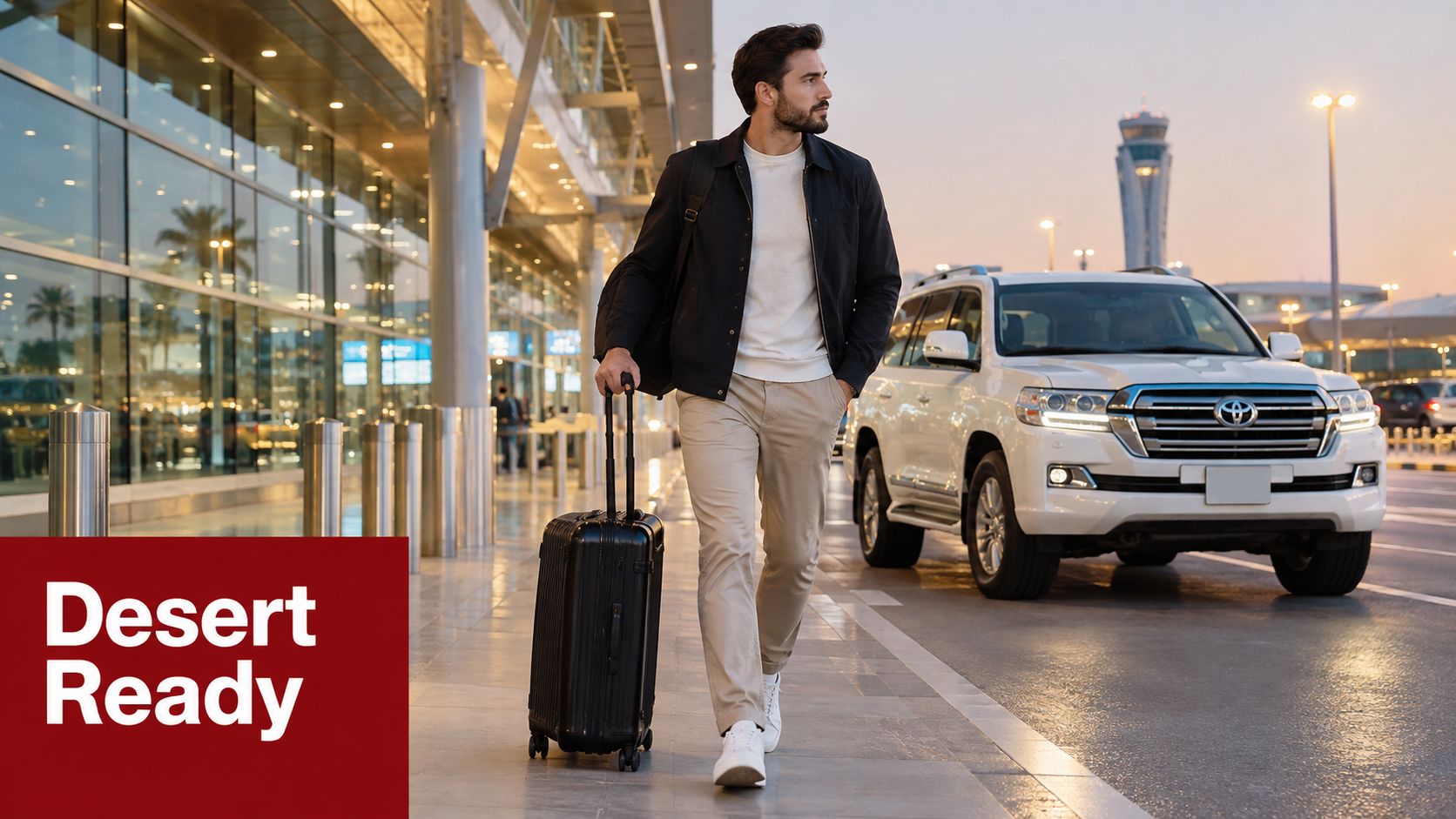 Rent Land Cruiser Dubai: A Practical How-To Guide 1 A stylish man walking with a suitcase outside an airport terminal next to a white Toyota Land Cruiser.