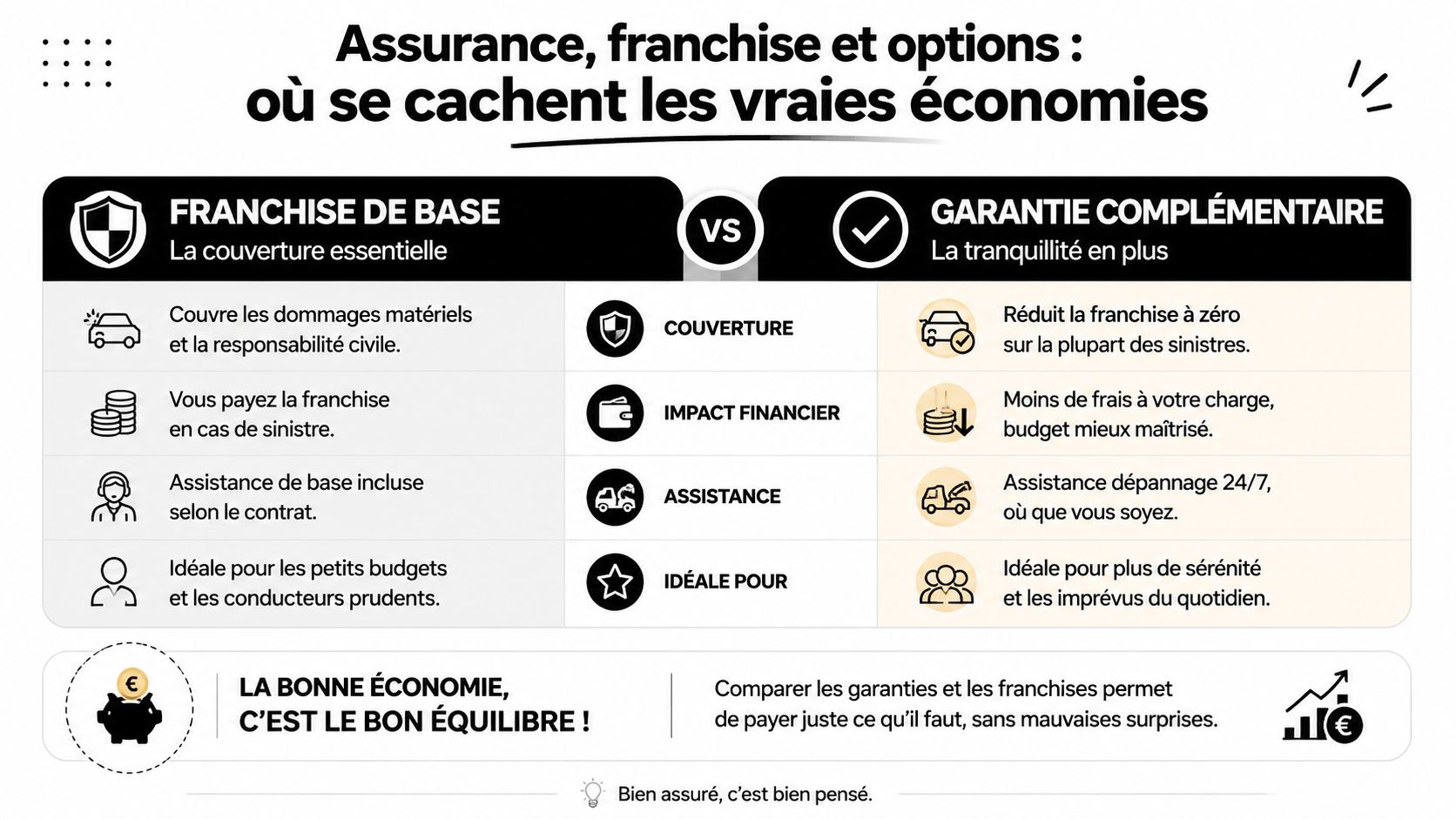 Tableau comparatif entre la franchise de base et la garantie complémentaire pour la location de voiture.