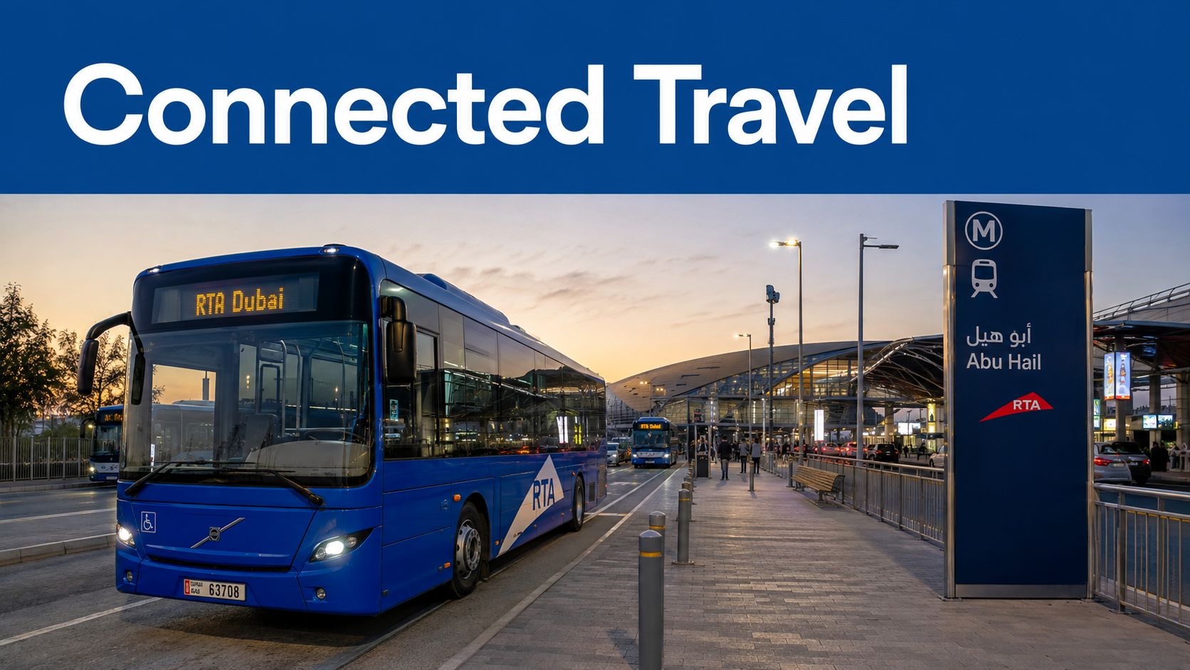 F46 Bus Route Dubai: Stops, Schedule and Travel Guide 3 A blue RTA Dubai bus parked at the Abu Hail metro station terminal during sunset.