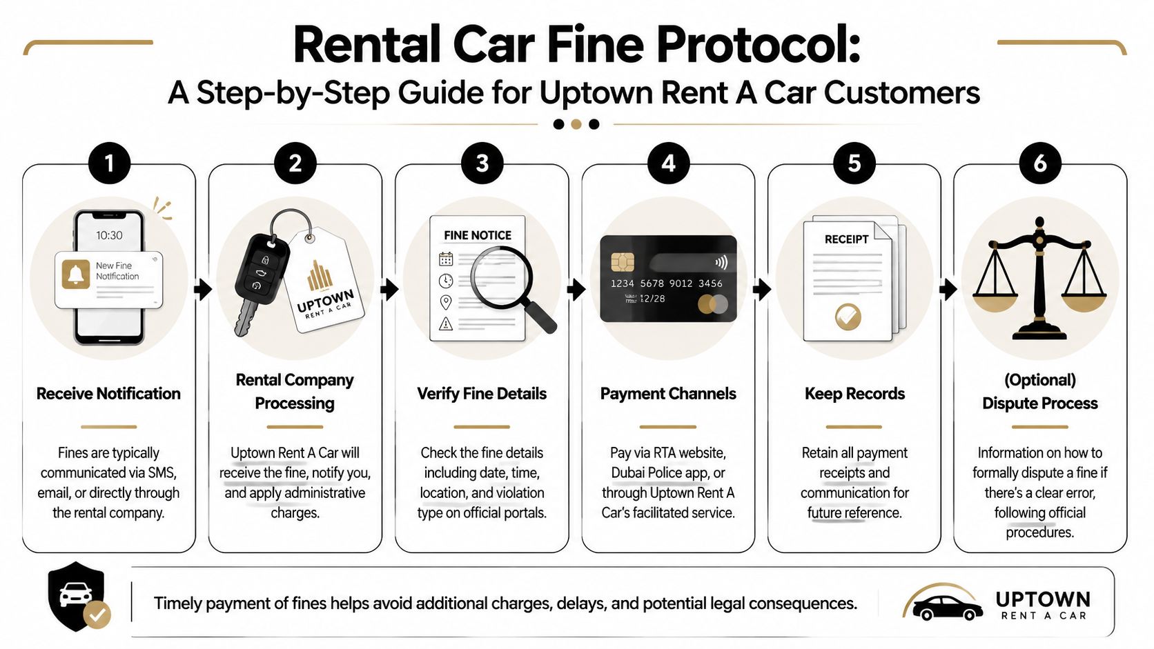 Radars in Dubai: A 2026 Guide for Drivers 4 A six-step infographic guide for Uptown Rent A Car customers on how to handle rental car fines.