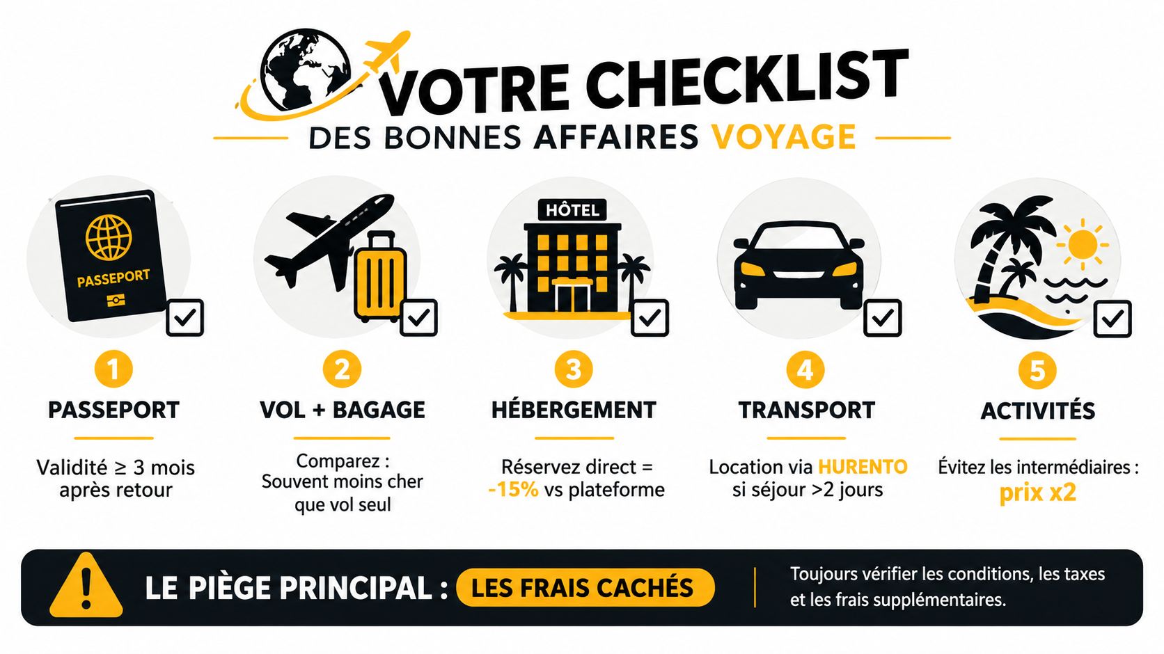 Une infographie pratique présentant une liste de contrôle pour économiser de l'argent lors de vos futurs voyages.