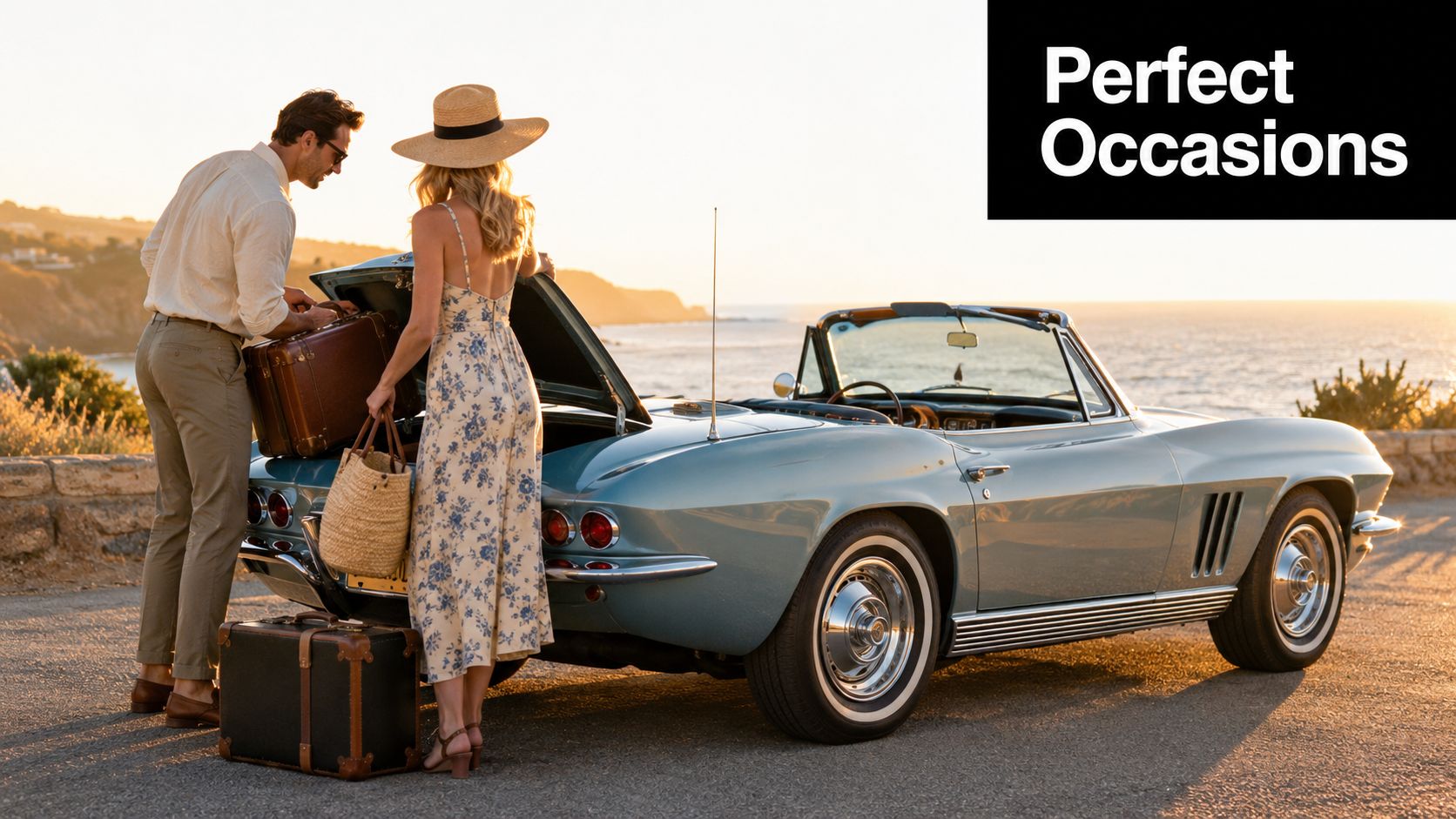 Classic Car Rental in Dubai: The Complete Guide 3 A couple loads vintage suitcases into the trunk of a blue classic convertible by the ocean at sunset.