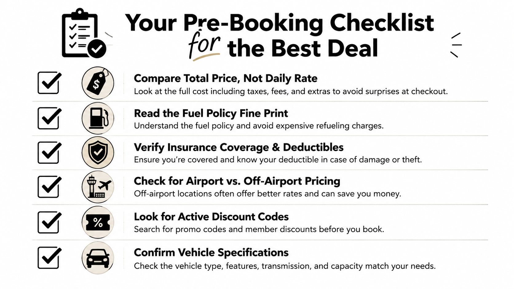 How to Find the Best Deals on Car Rentals in Dubai 4 A pre-booking checklist for car rentals, highlighting six essential tips to secure the best deal.