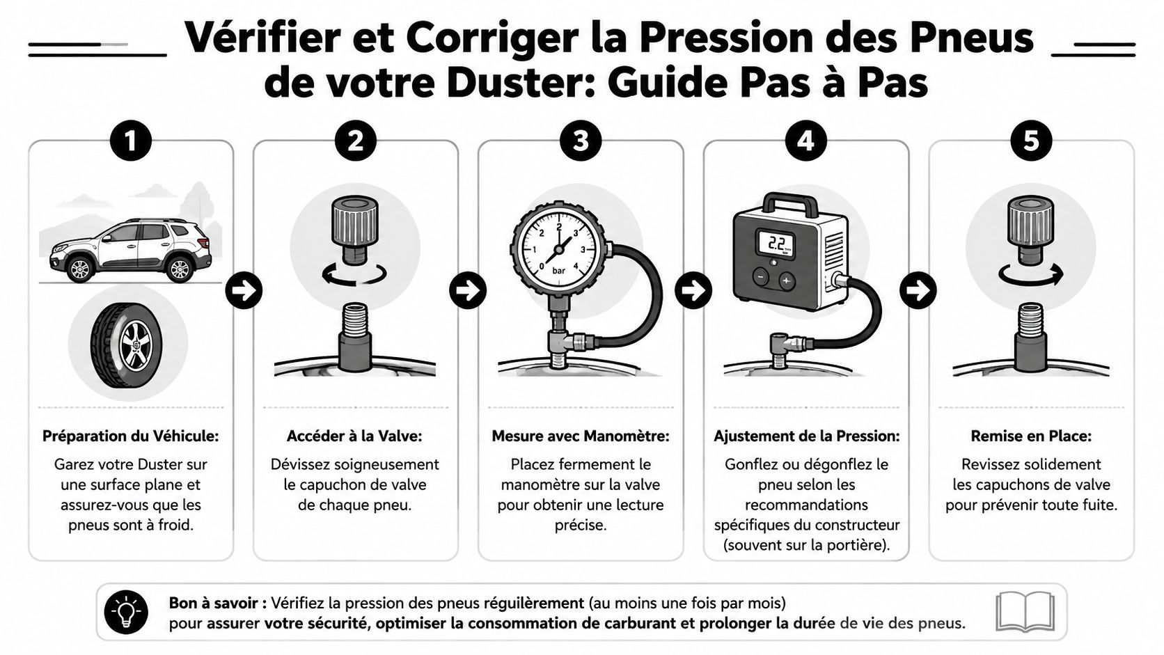Guide illustré en cinq étapes pour vérifier et ajuster la pression des pneus d'une Dacia Duster.