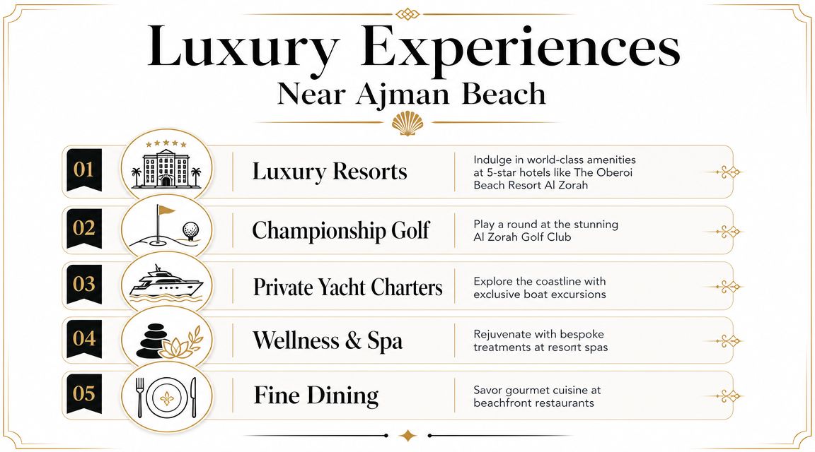 Ajman Beach Location: Your Luxury Guide to Visiting 4 A list of five luxury experiences available near Ajman Beach, including resorts, golf, yachts, spas, and fine dining.