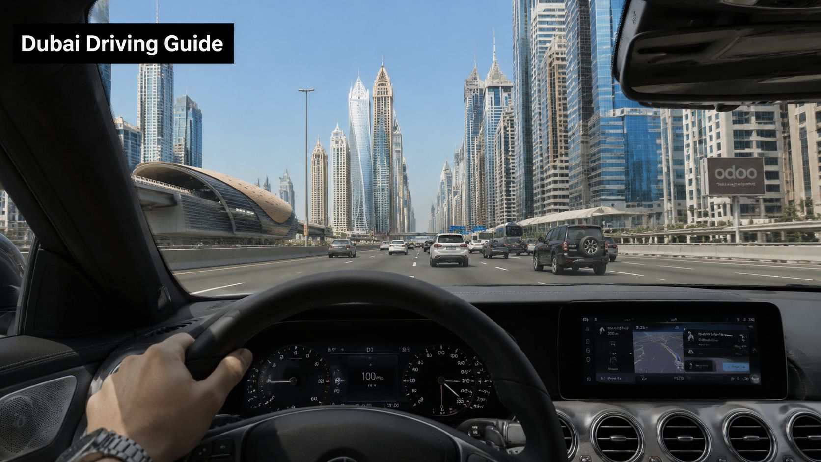 Radars in Dubai: A 2026 Guide for Drivers 1 A driver's perspective inside a car cruising through a scenic highway in Dubai with modern skyscrapers.