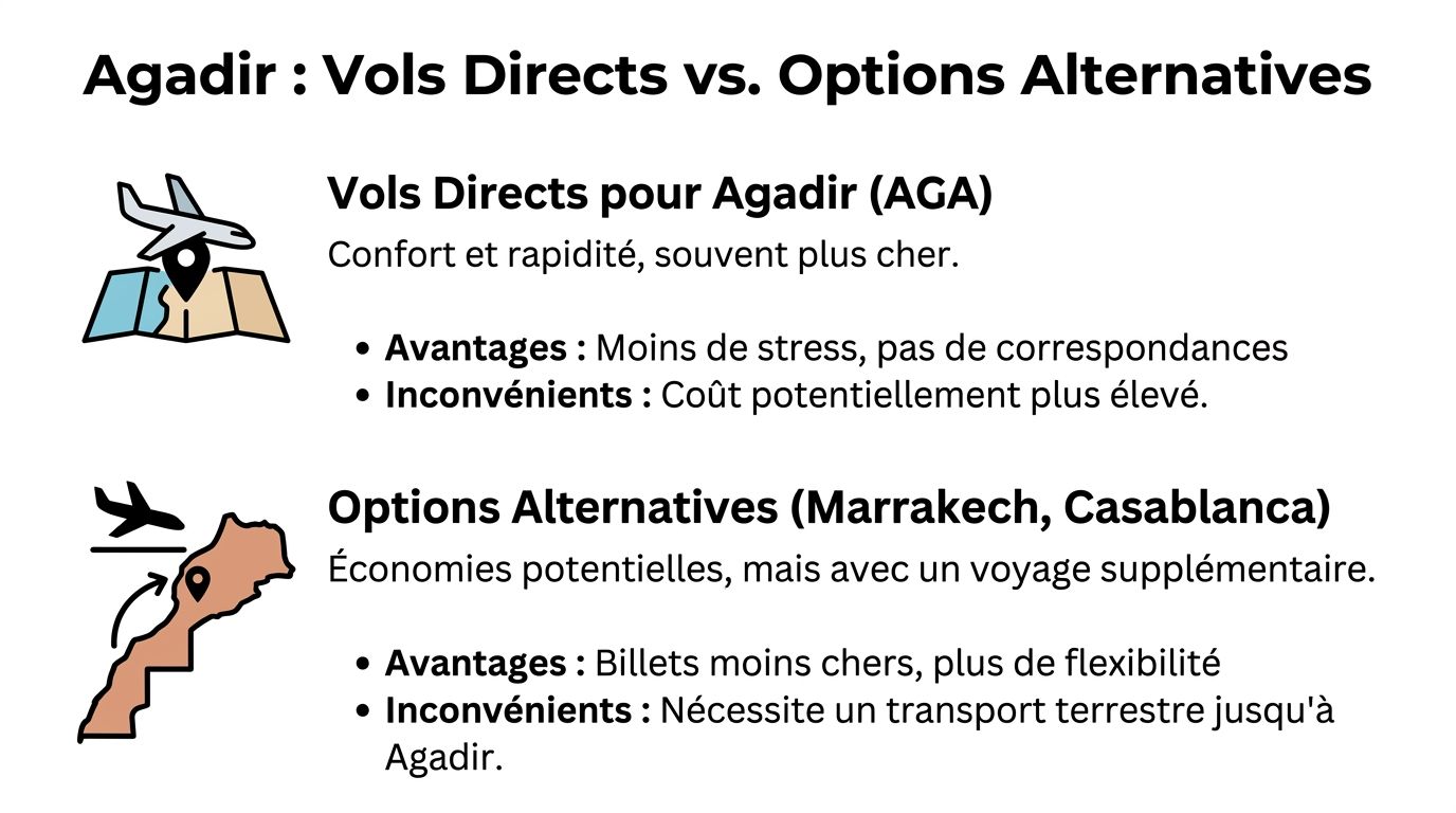 Comparaison entre les vols directs pour Agadir et les options alternatives via Marrakech ou Casablanca.