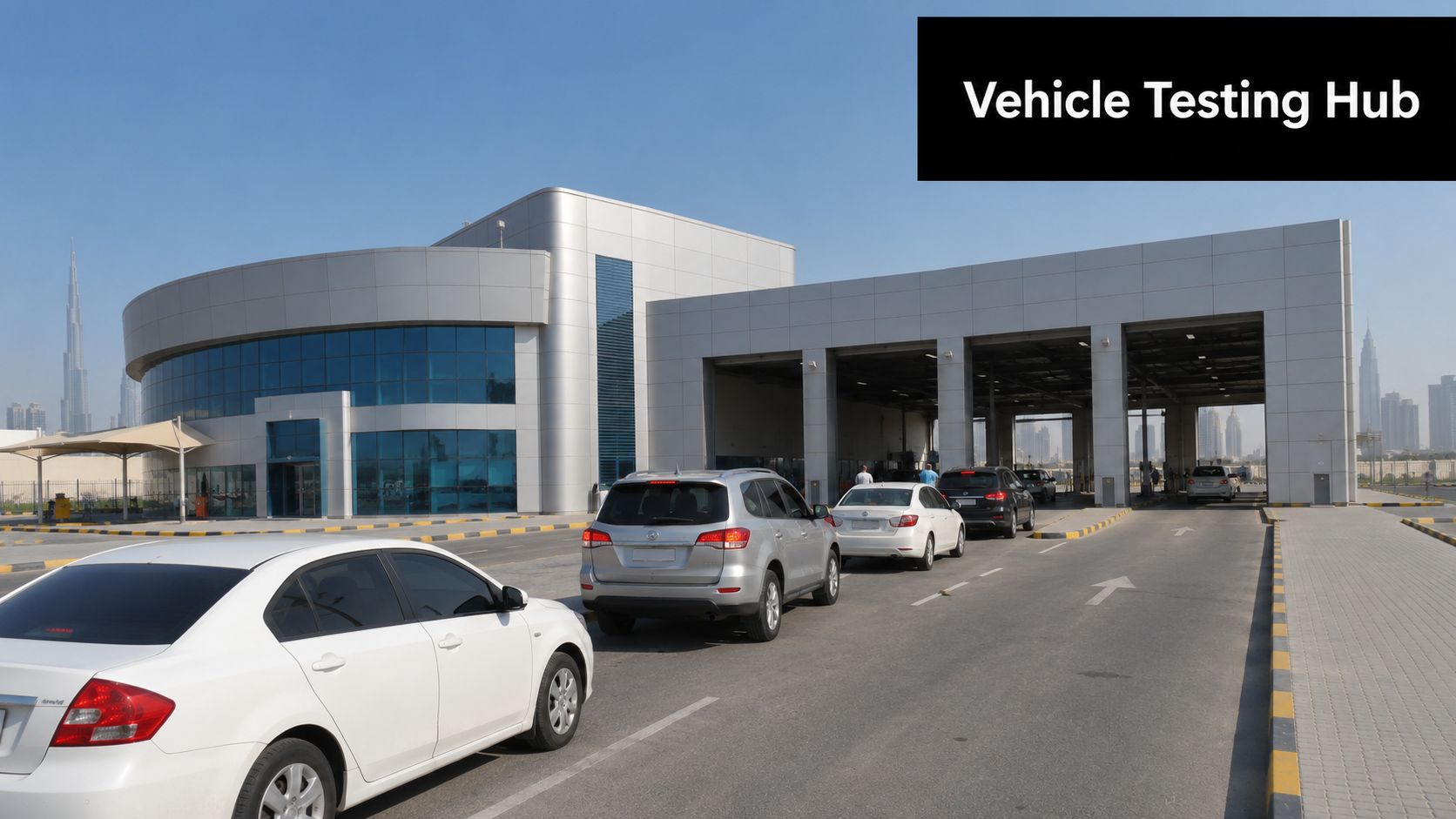 A queue of cars at a vehicle testing hub facility with city skyline in the background.