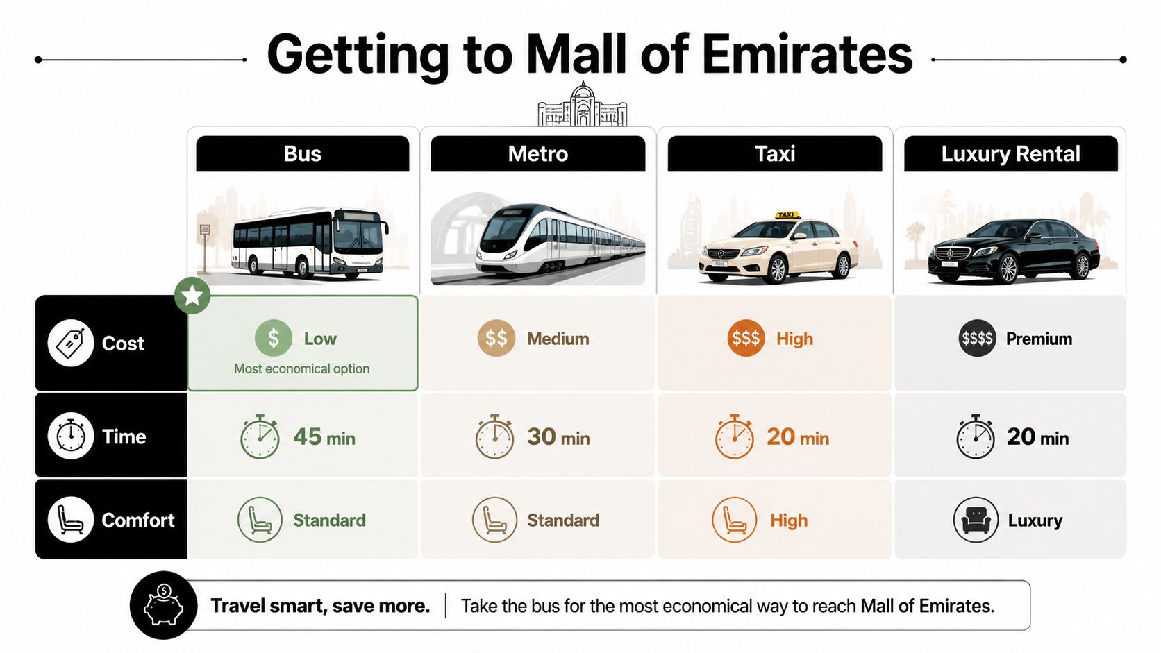 Bus to Mall of Emirates: Routes, Stops and Travel Tips 4 A comparison chart showing transportation options to the Mall of Emirates including bus, metro, taxi, and luxury rental.