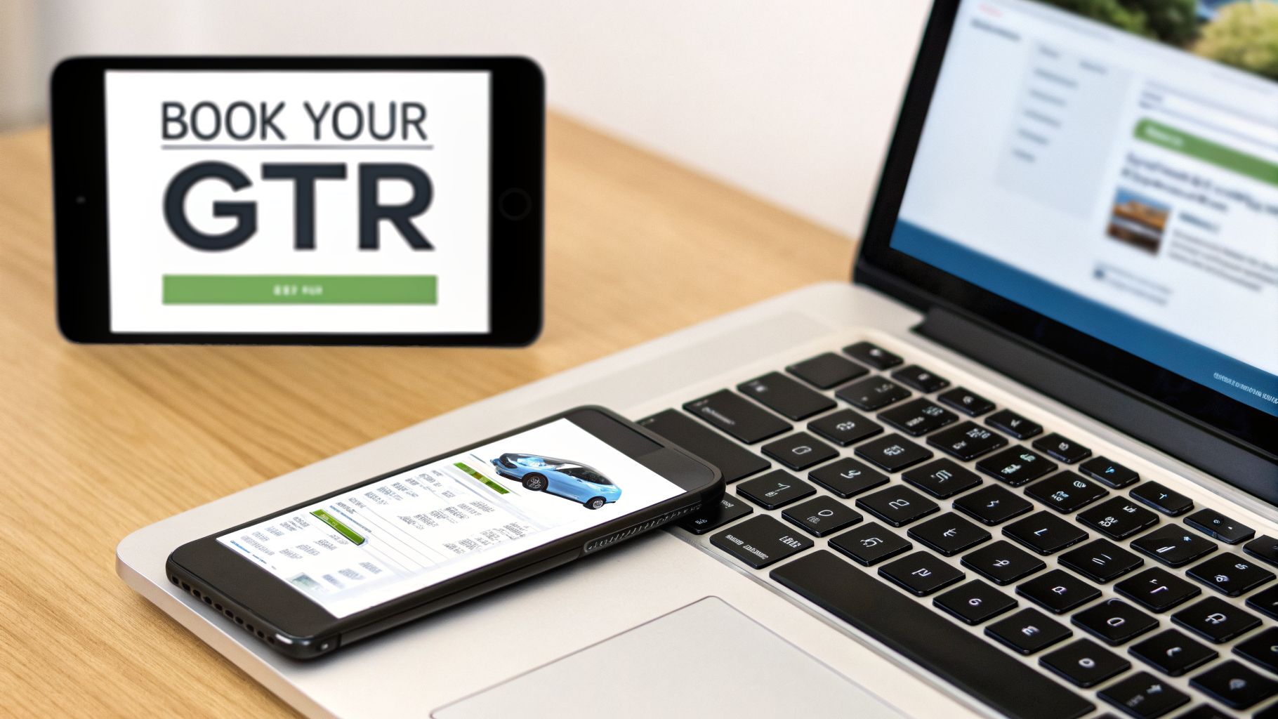 Electronic devices: tablet displaying 'Book Your GTR', smartphone showing a blue car, and a laptop.