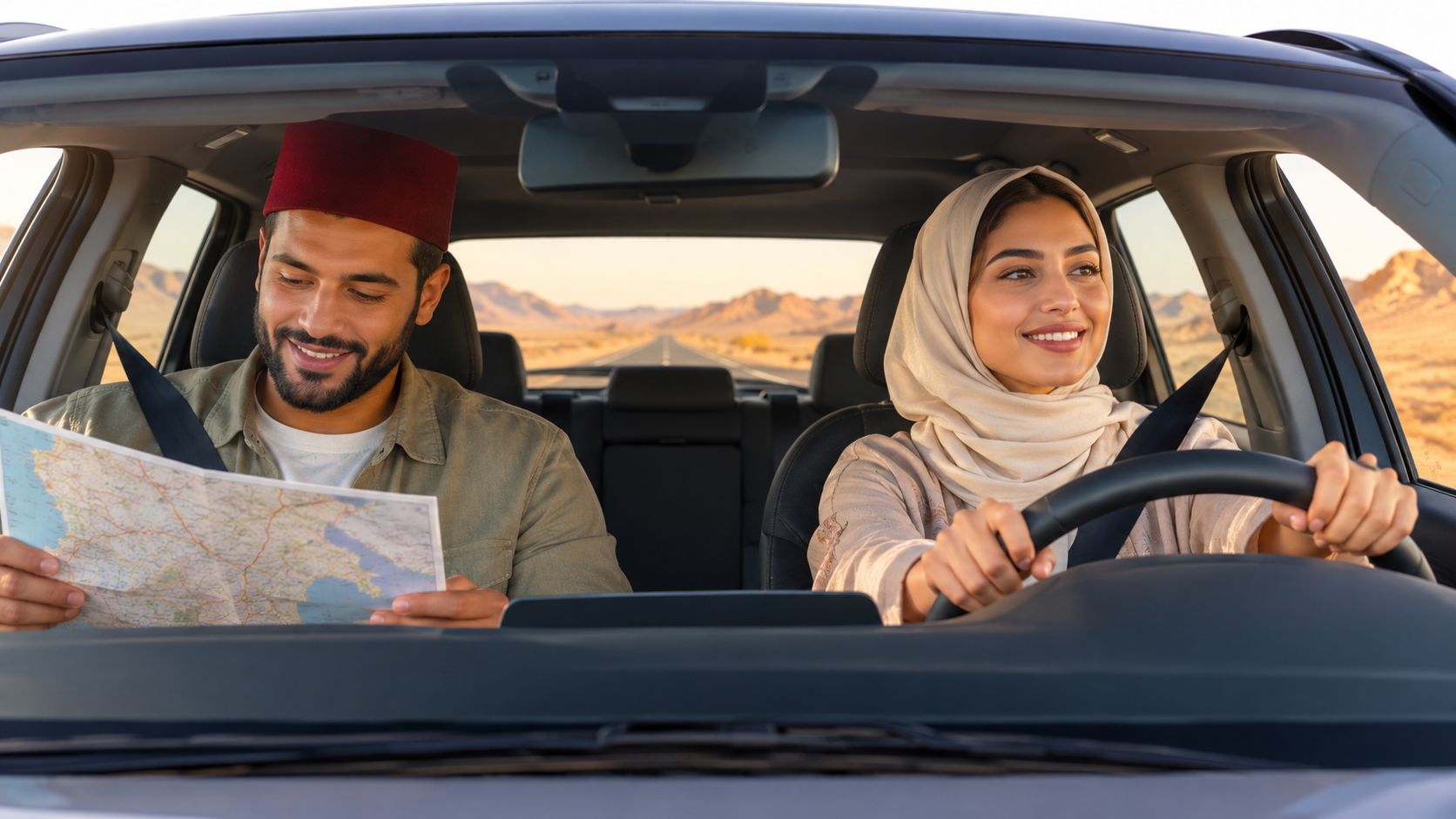 Un couple voyage en voiture dans le désert, la femme conduit et l'homme regarde une carte routière.