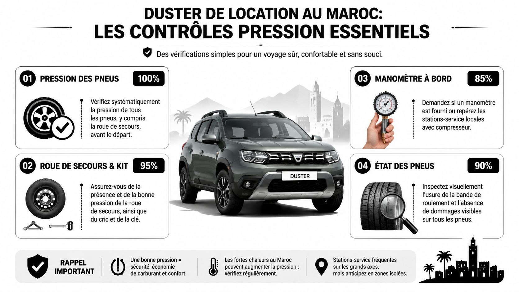 Infographie illustrant les contrôles de pression des pneus essentiels pour une Dacia Duster au Maroc.
