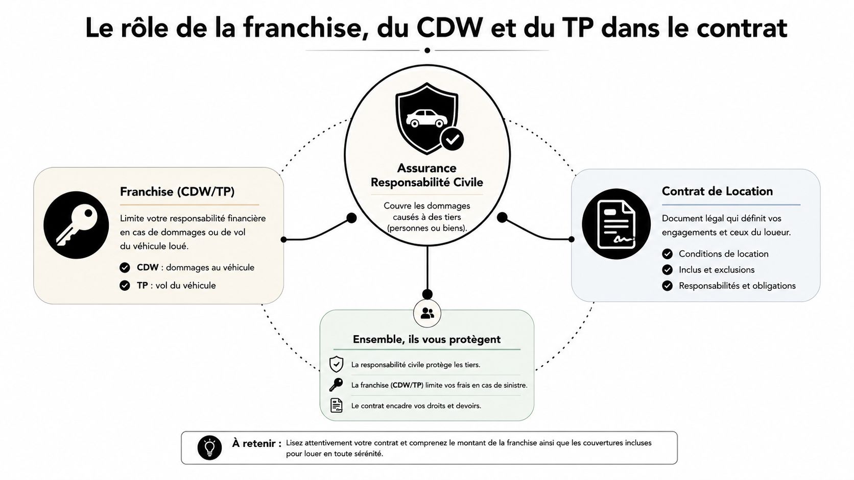 Schéma explicatif des rôles de la franchise, du CDW, du TP et du contrat dans la location de voiture.