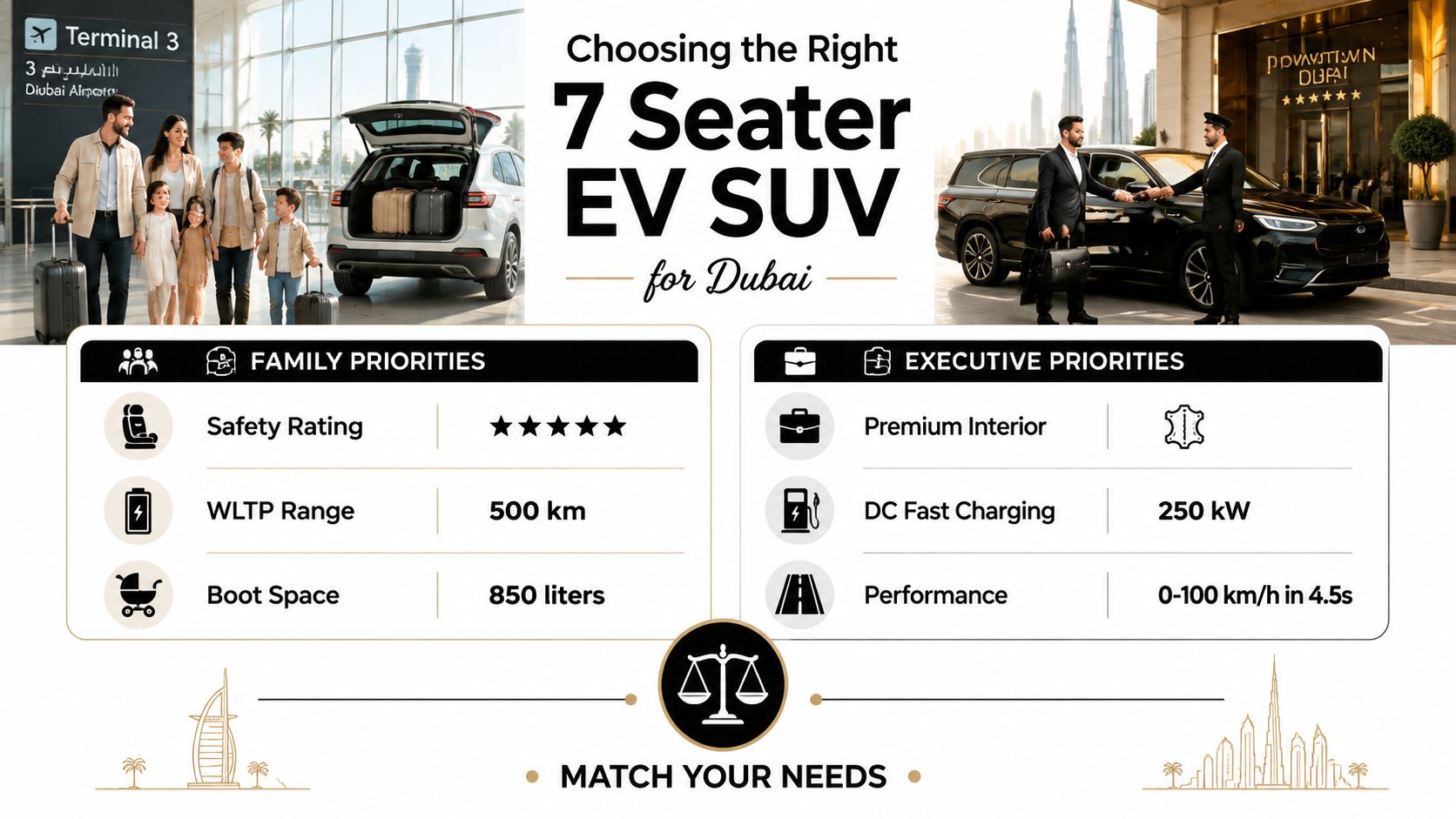 A comparison infographic showing key features of a 7 seater EV SUV for families and executives in Dubai.
