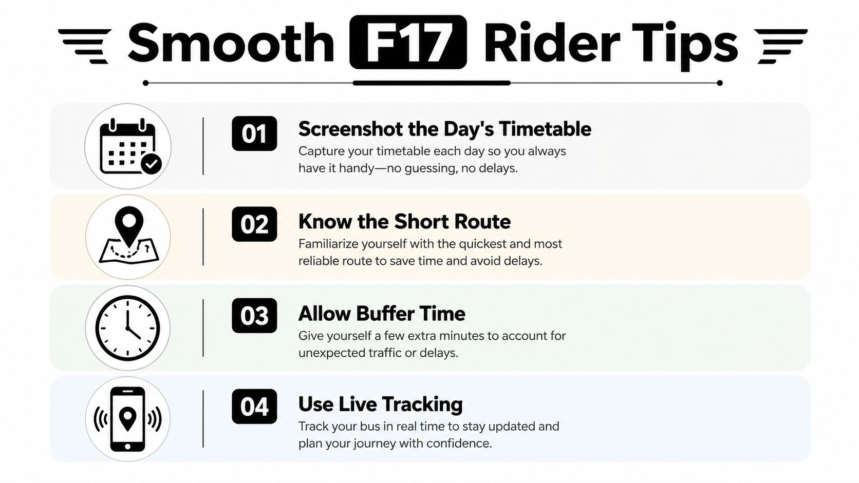 F17 Bus Timings: Complete Schedule, Route and Stop Guide 4 An infographic titled Smooth F17 Rider Tips, offering four practical steps for a better bus experience.