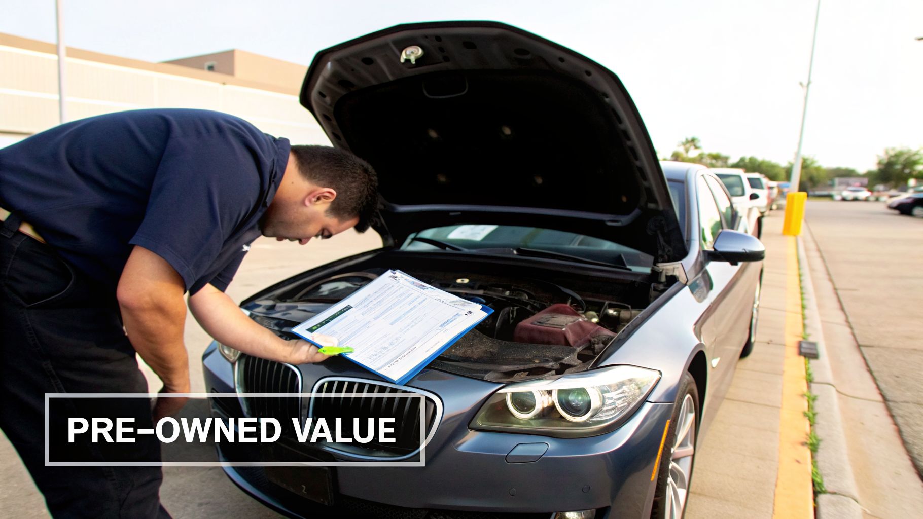 A technician inspects a grey BMW car engine with a clipboard for pre-owned value assessment.