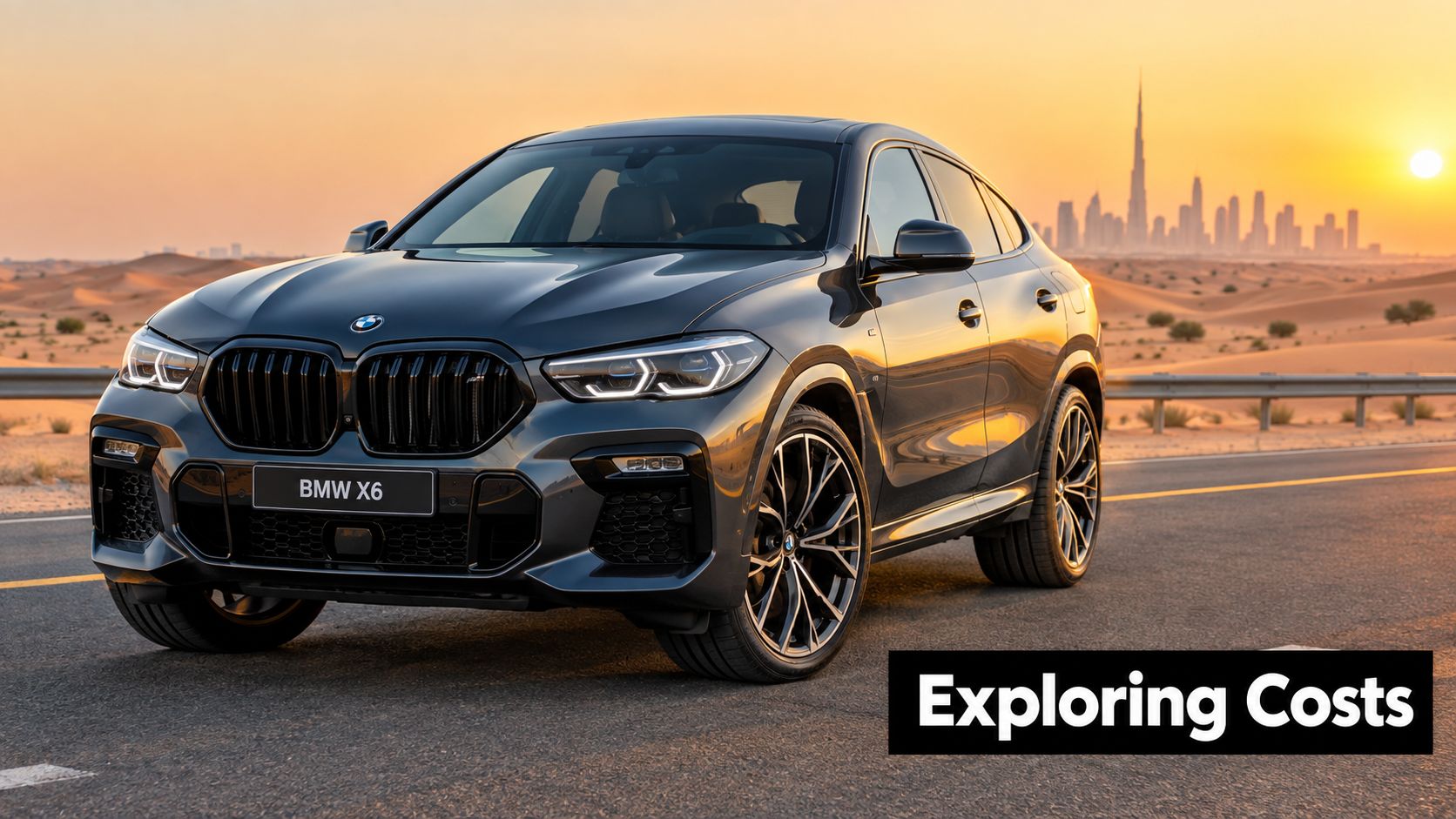 BMW Crossover X6 Price in Dubai: Rent vs Buy Guide 2026 1 A sleek dark grey BMW X6 luxury crossover driving on a desert road with Dubai city skyline background.