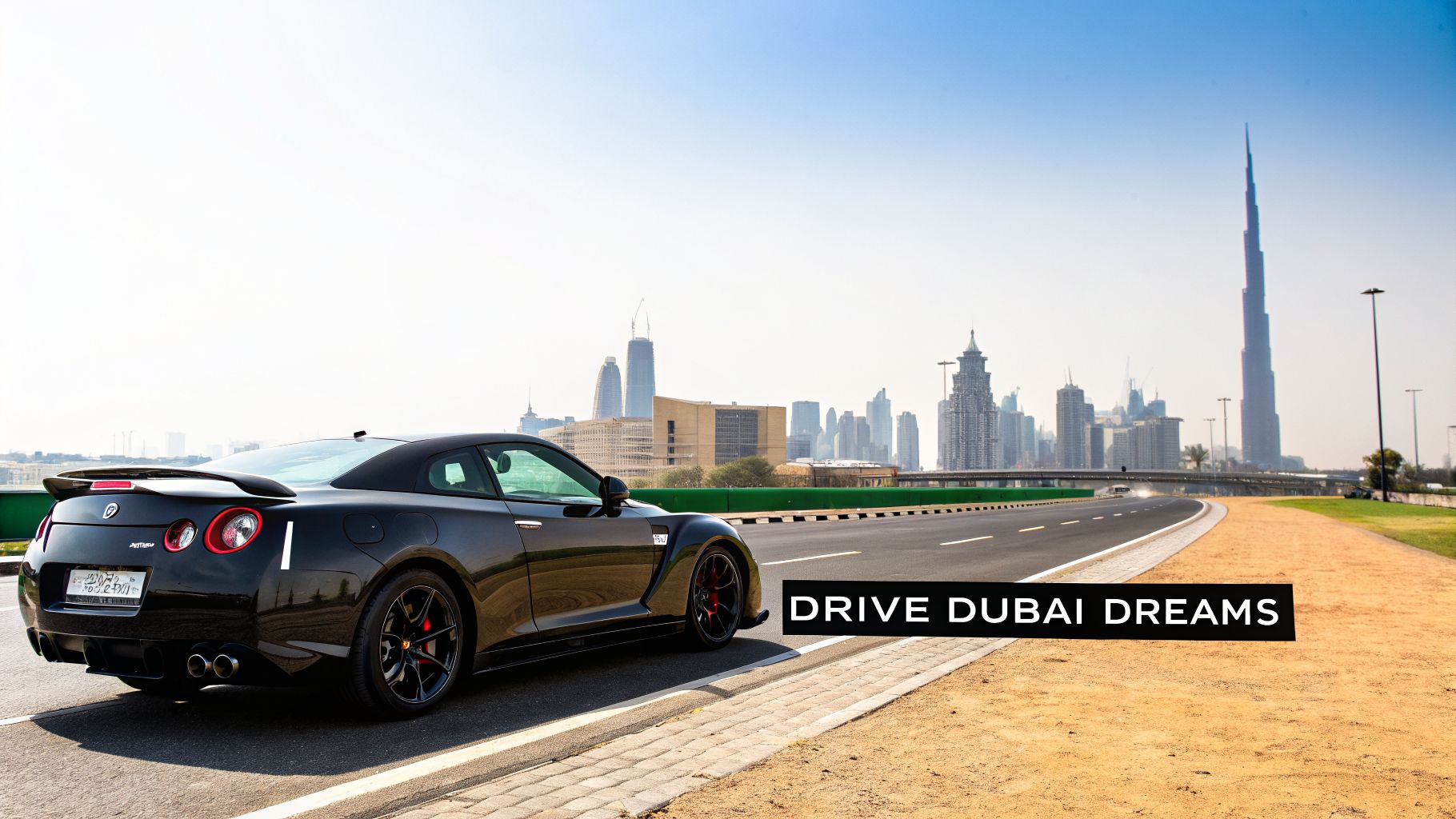Black Nissan GT-R sports car on a road, with the impressive Dubai city skyline behind it.