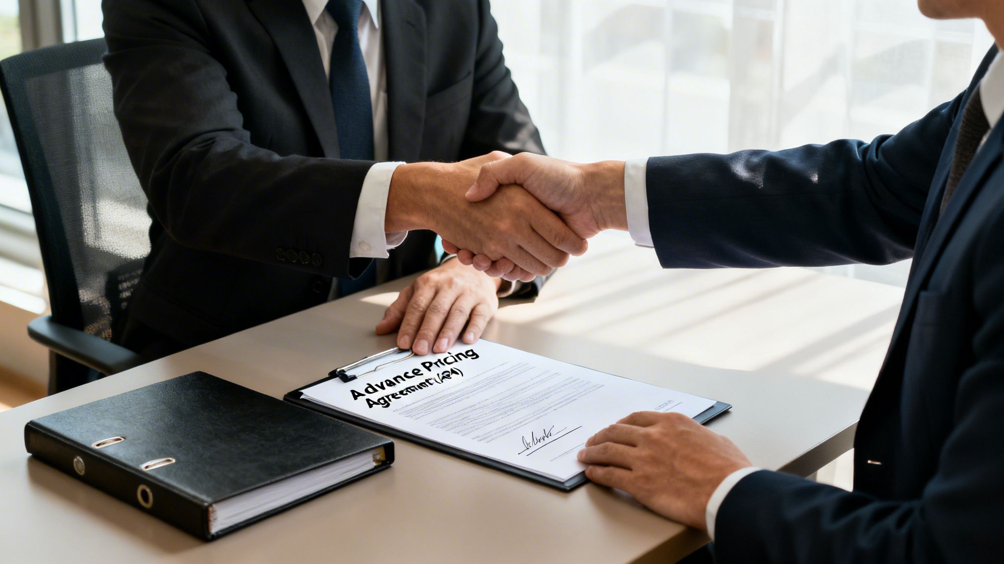 Two businessmen in suits shaking hands over an Advance Pricing Agreement document on a table.