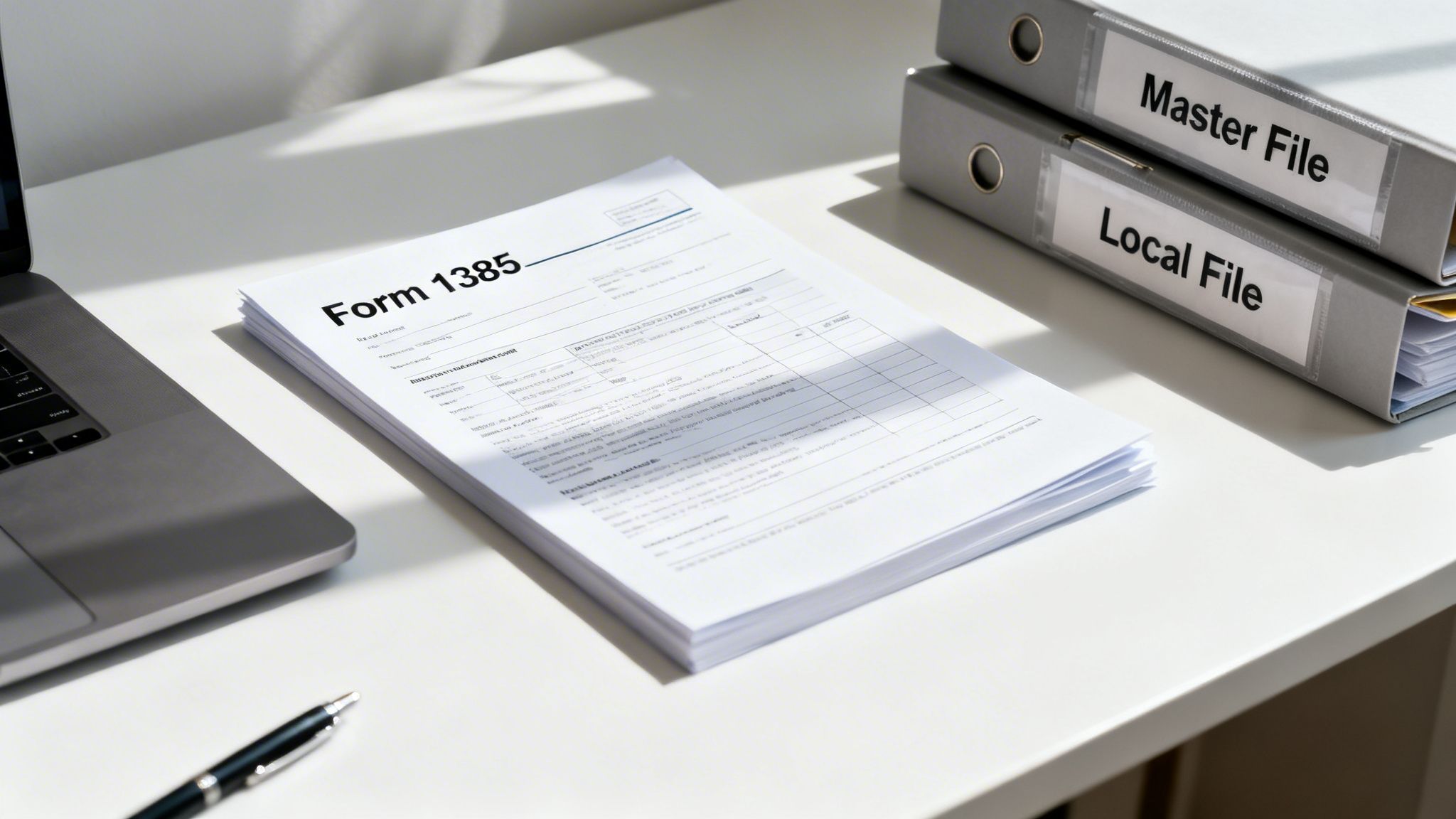 A desk with Form 1385 documents, a laptop, pen, and two binders for master and local files.