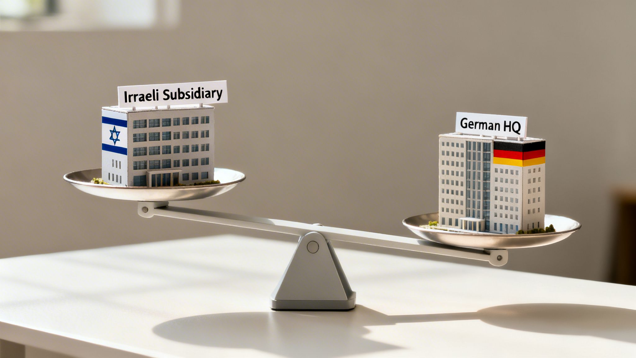 A balance scale with Israeli subsidiary and German HQ buildings, symbolizing international business relationships.