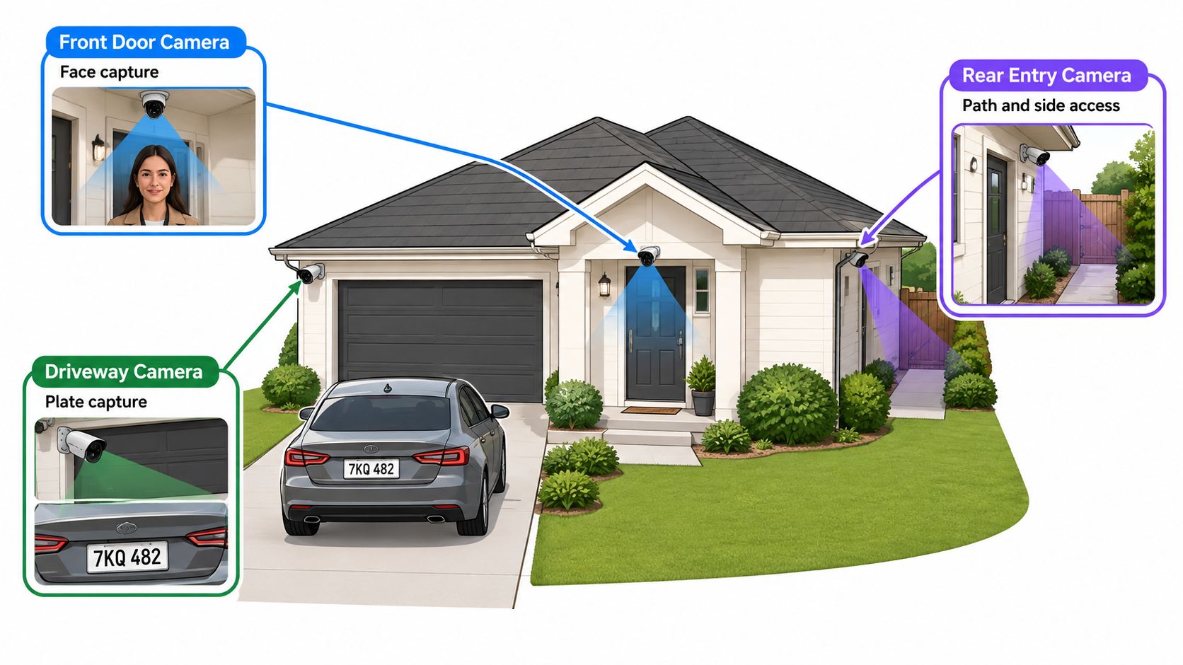 A diagram illustrating a home security camera setup with specific zones for driveway, front door, and rear entry.