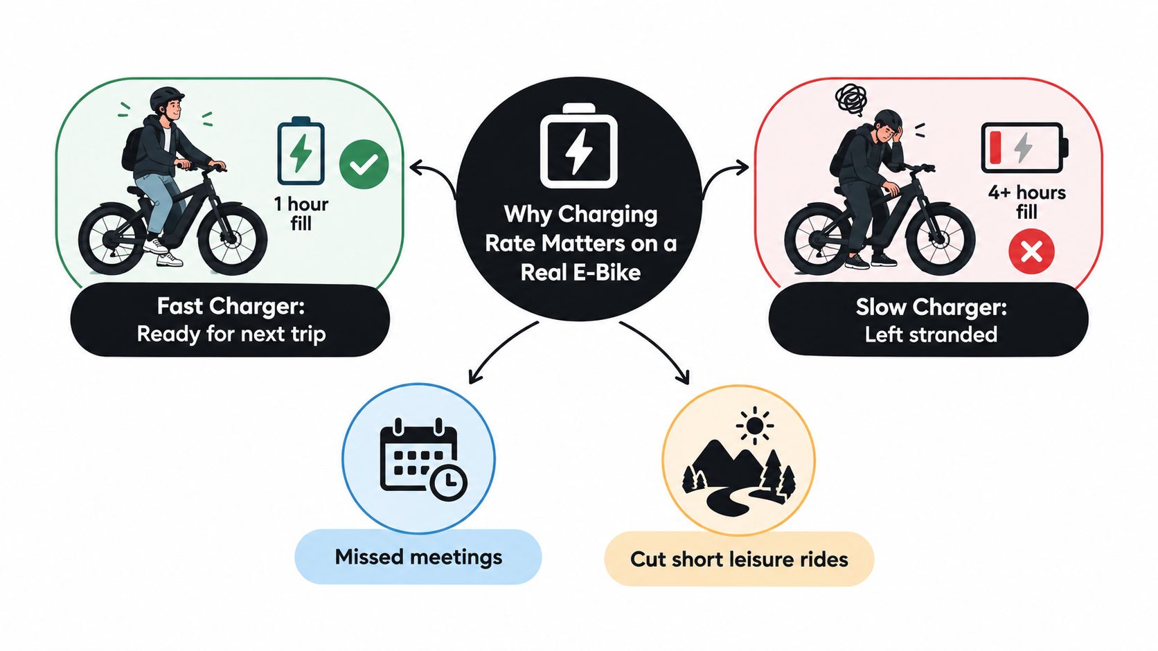 A diagram comparing fast and slow electric bike chargers and the impact on daily rides and schedules.