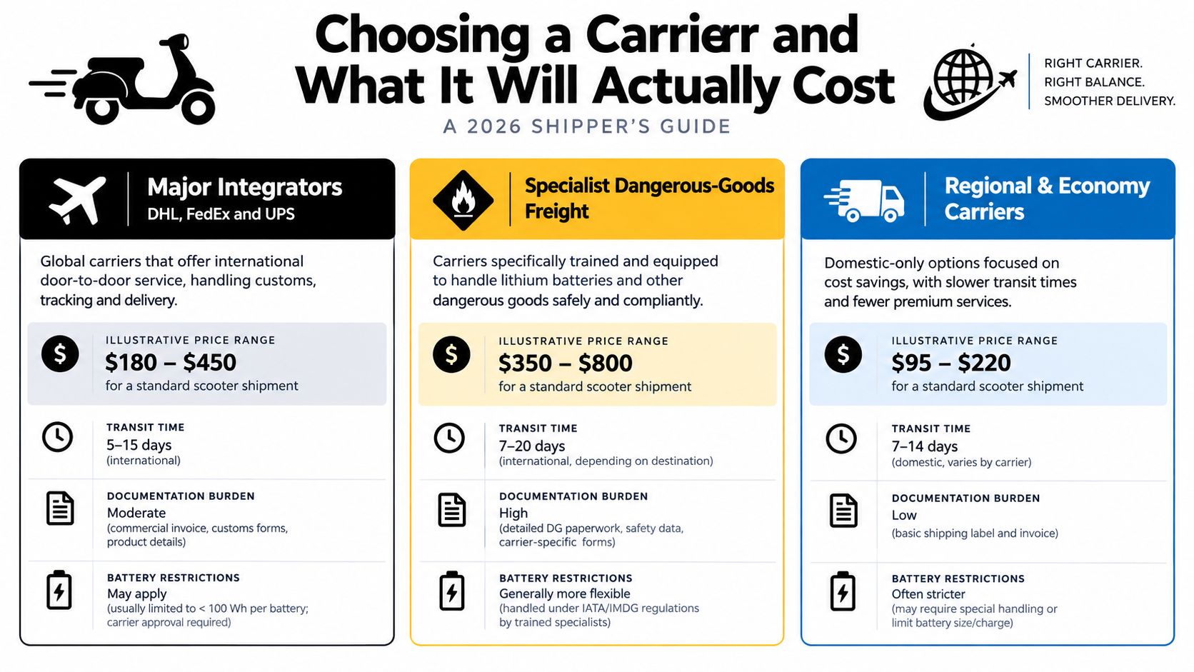 A comparison chart showing shipping costs, transit times, and battery restrictions for different electric scooter carrier options.