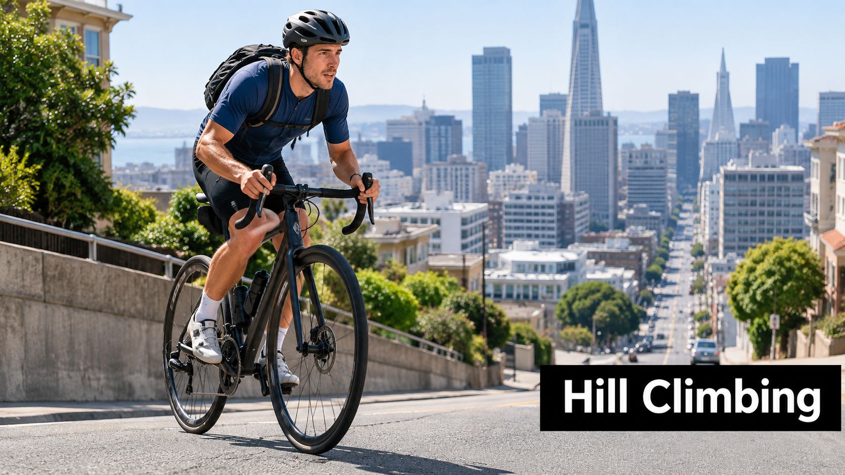 Sprawny rowerzysta jedzie rowerem pod stromą ulicę w San Francisco, a w tle widać miejskie wieżowce.