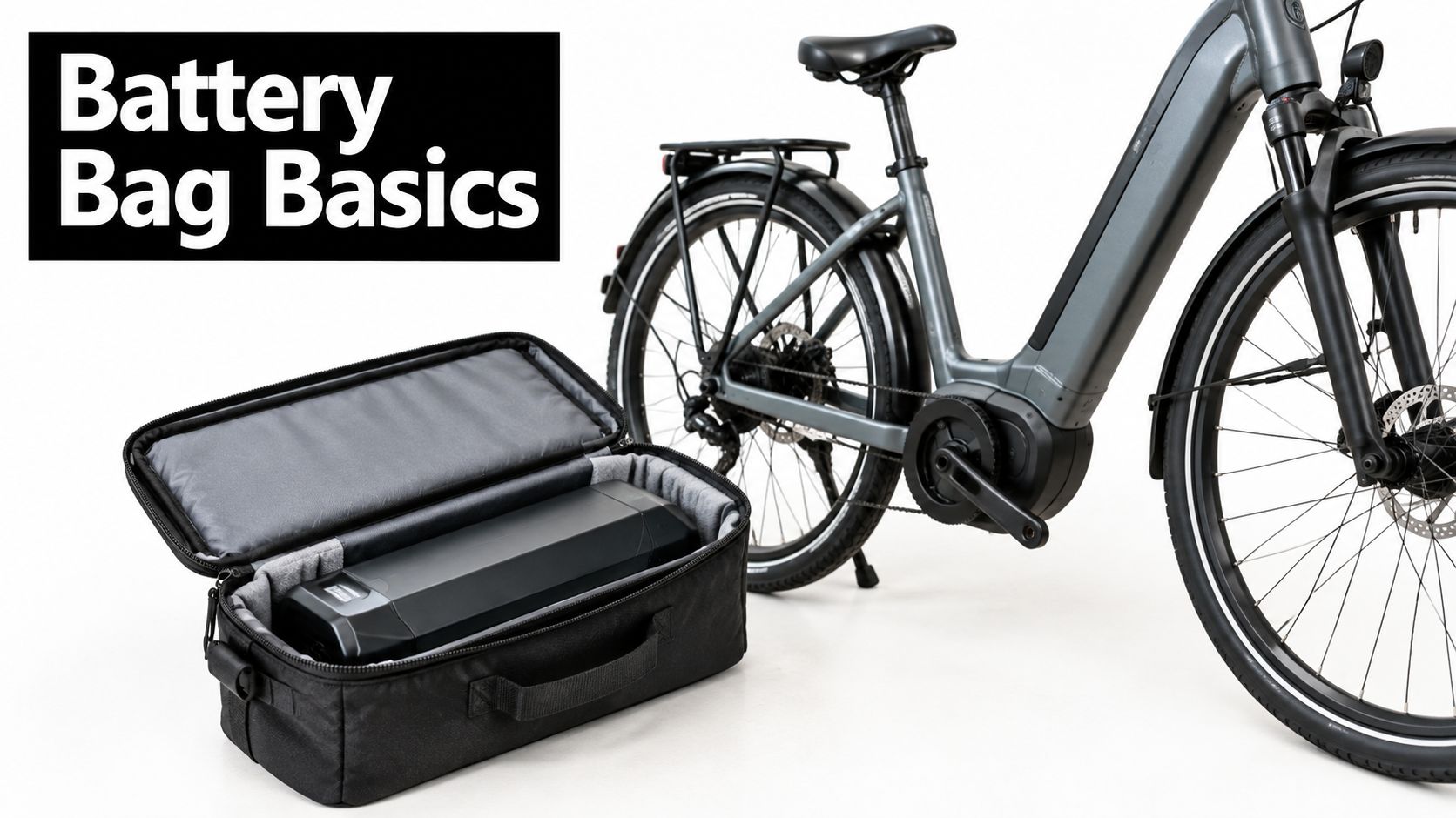 A black electric bike battery carrying bag sits on the floor next to an e-bike.
