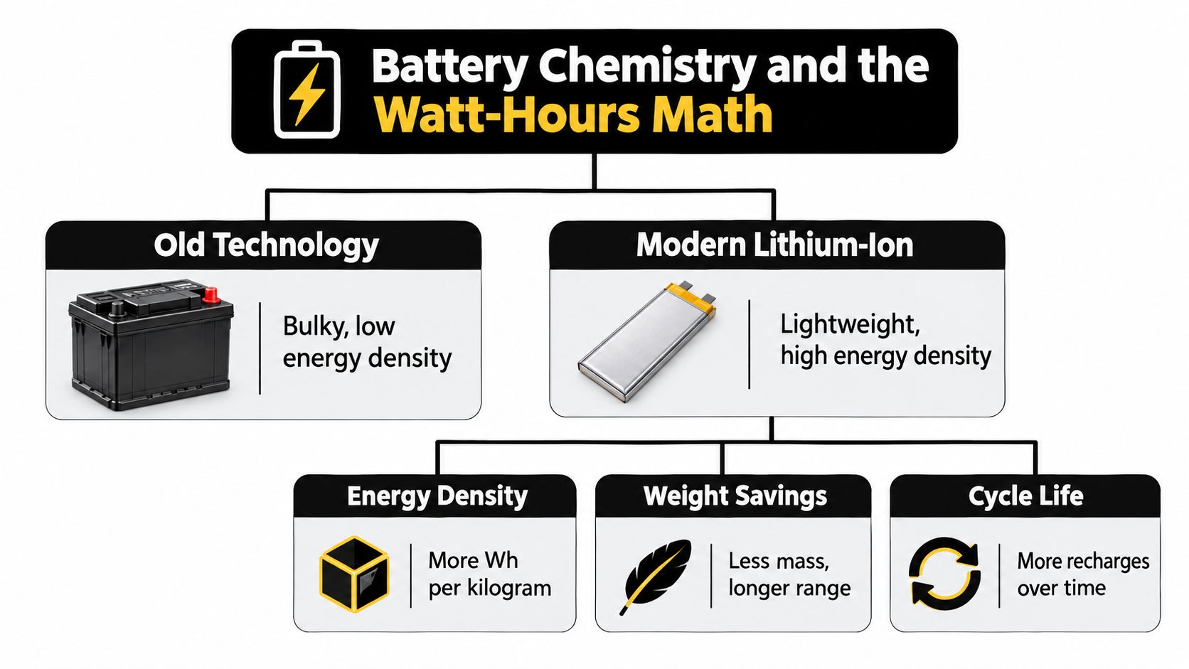A diagram comparing traditional heavy batteries to modern, efficient lithium-ion batteries and their key performance advantages.