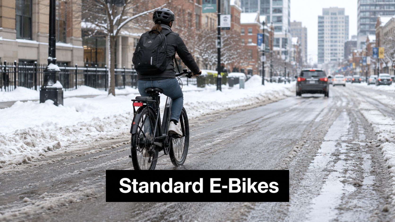 Eine Person mit Helm und Rucksack fährt mit einem E-Bike durch eine verschneite Stadtstraße.